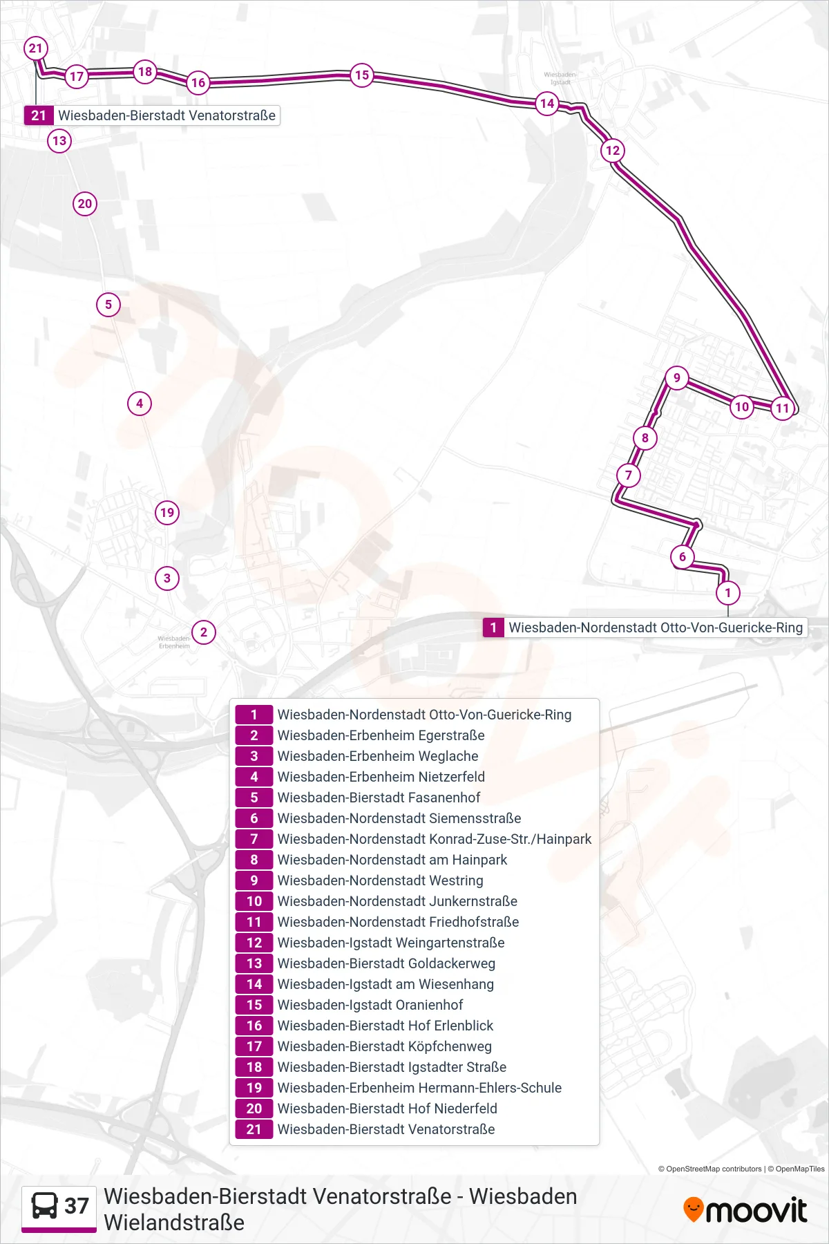 37 bus Line (Wiesbaden-Bierstadt Venatorstraße) route and stops on a map