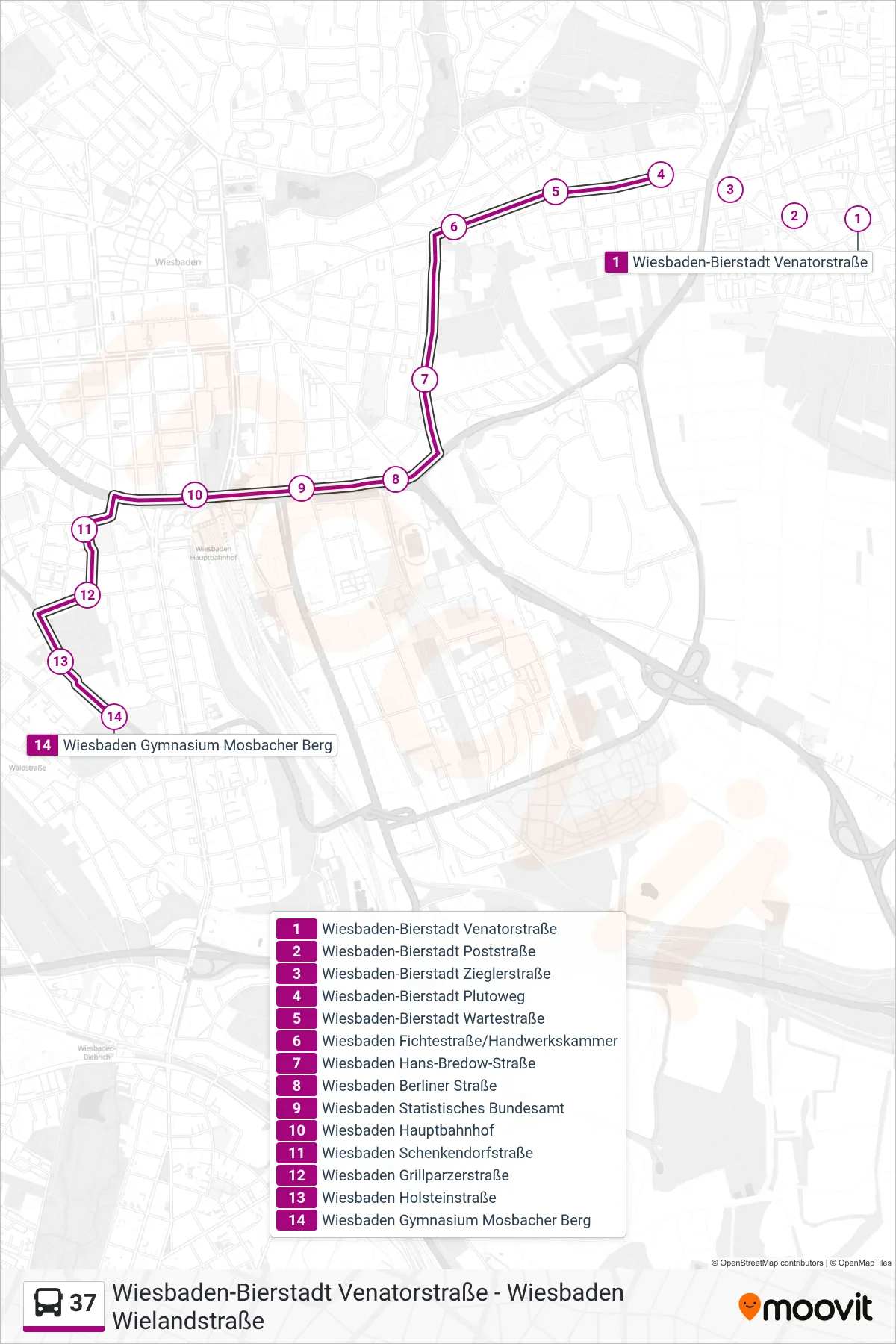 37 bus Line (Wiesbaden Gymnasium Mosbacher Berg) route and stops on a map