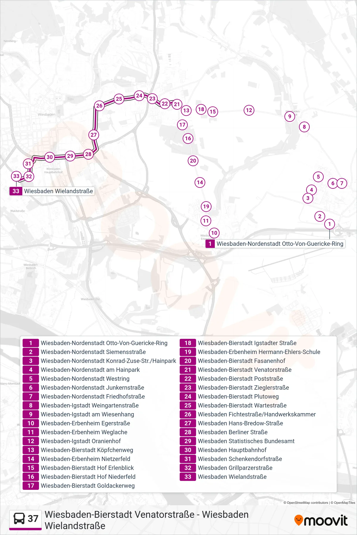 37 bus Line (Wiesbaden Wielandstraße) route and stops on a map