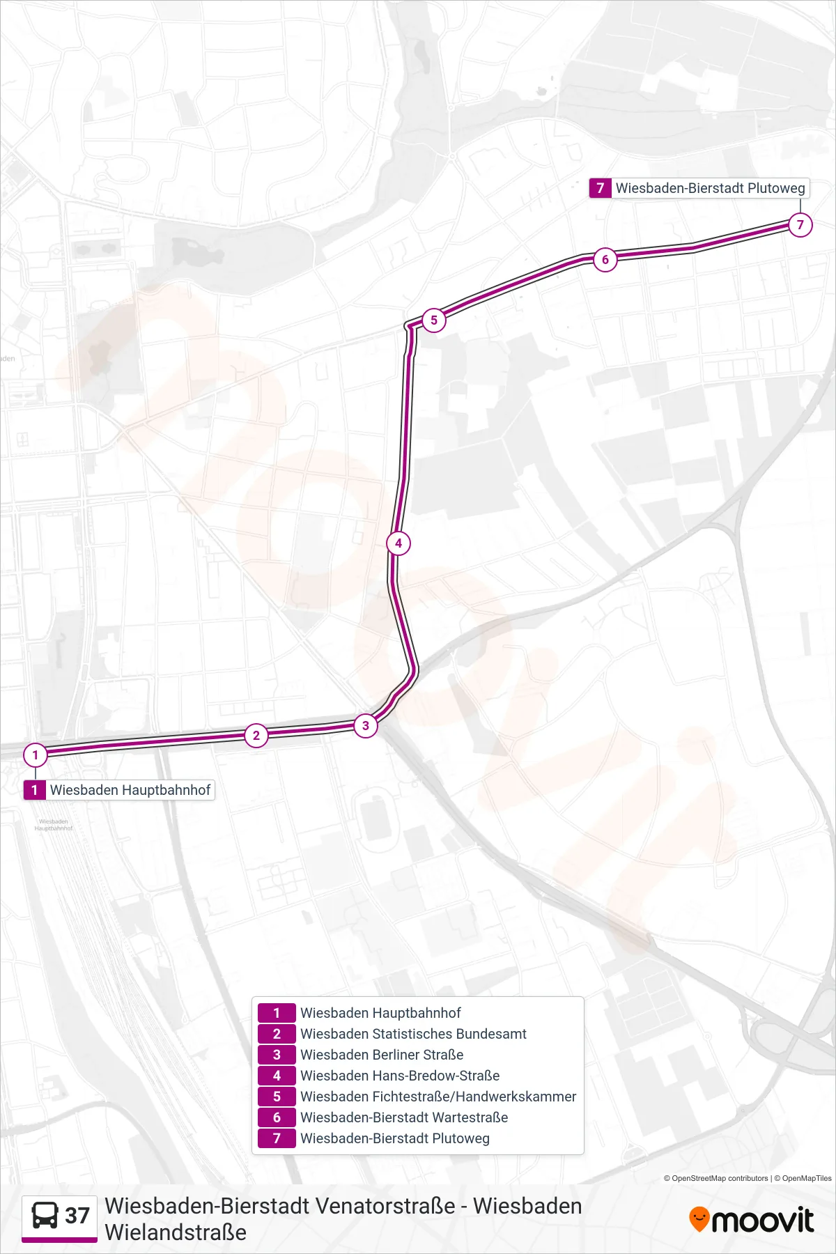 37 bus Line (Wiesbaden-Bierstadt Plutoweg) route and stops on a map