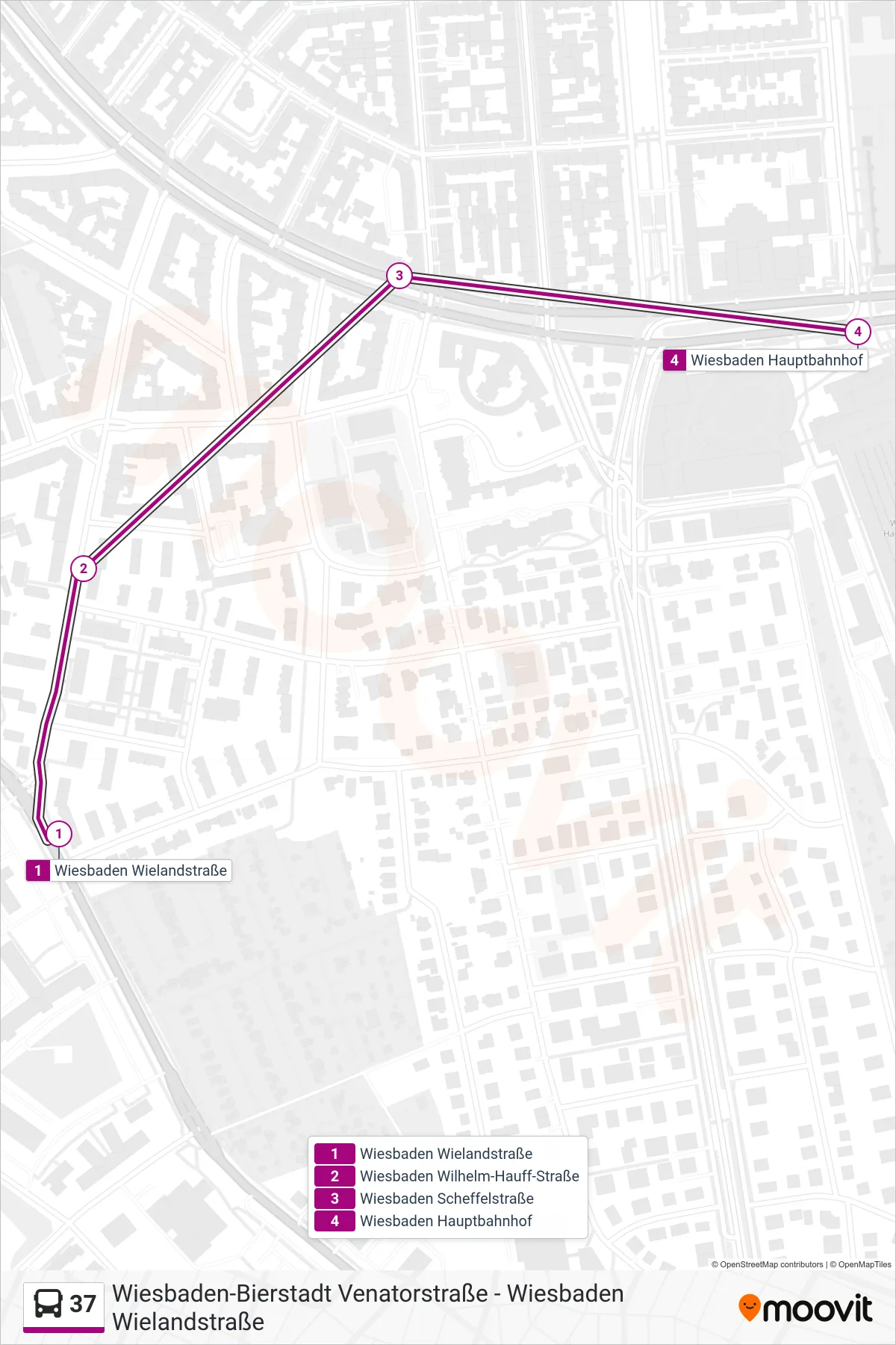 37 bus Line (Wiesbaden Hauptbahnhof) route and stops on a map