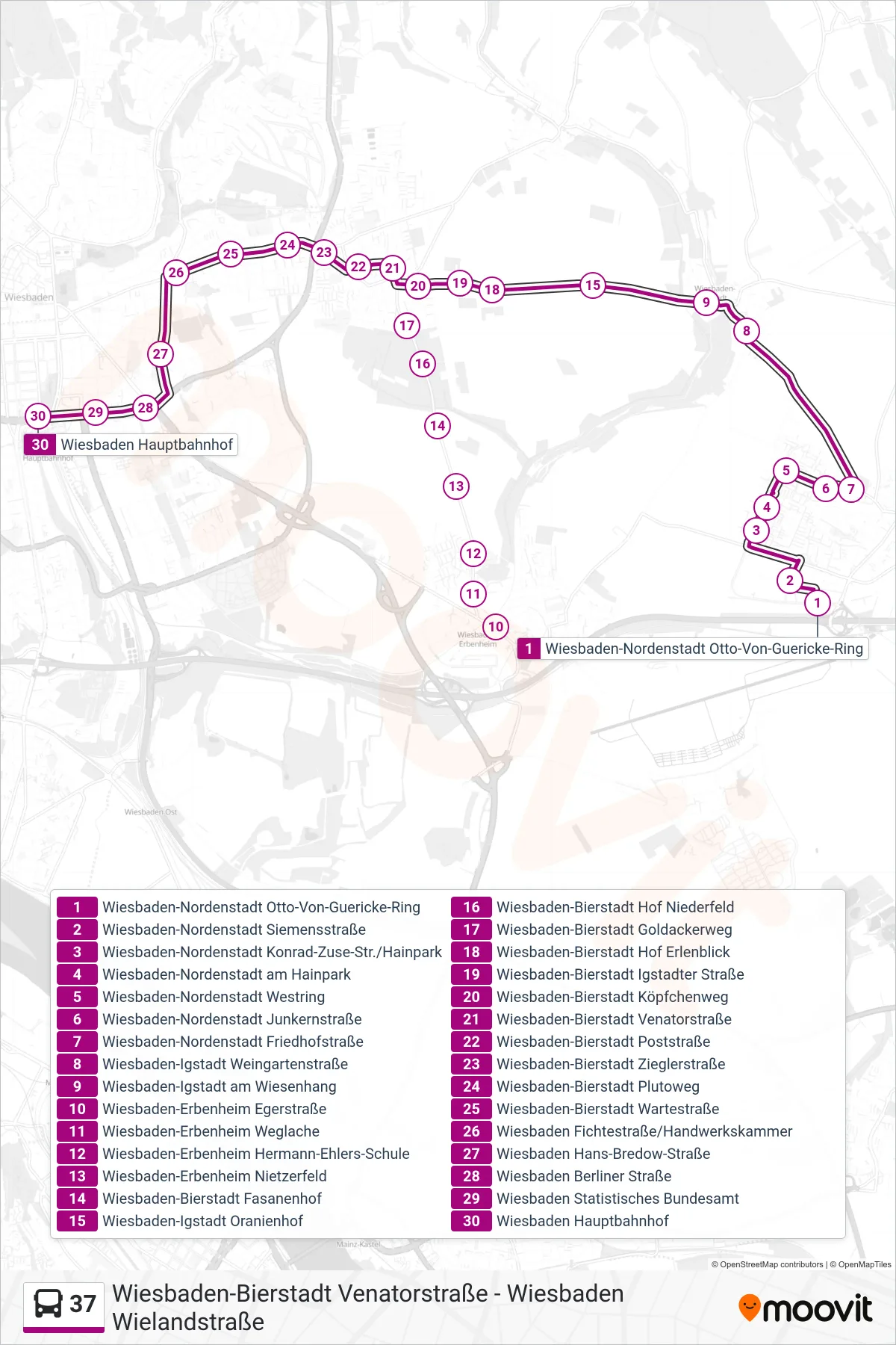 Linie 37 (Bus) Richtung Wiesbaden Hauptbahnhof: Route und Haltestellen auf der Karte