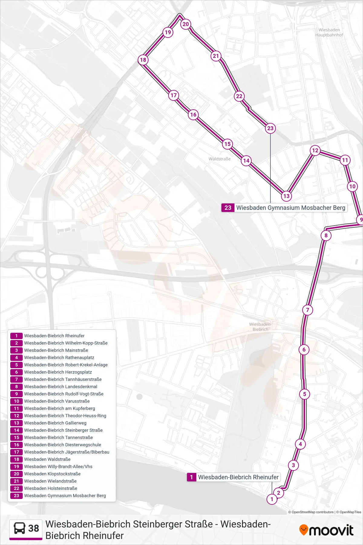 Linie 38 (Bus) Richtung Wiesbaden Gymnasium Mosbacher Berg: Route und Haltestellen auf der Karte