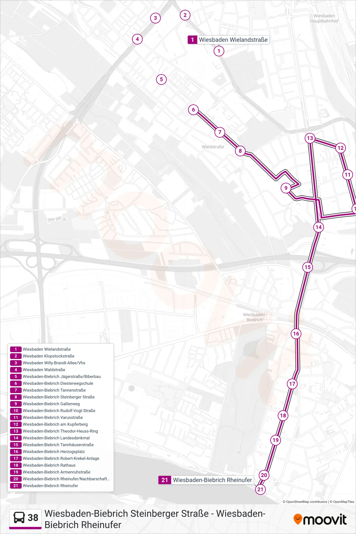 Linie 38 (Bus) Richtung Wiesbaden-Biebrich Rheinufer: Route und Haltestellen auf der Karte