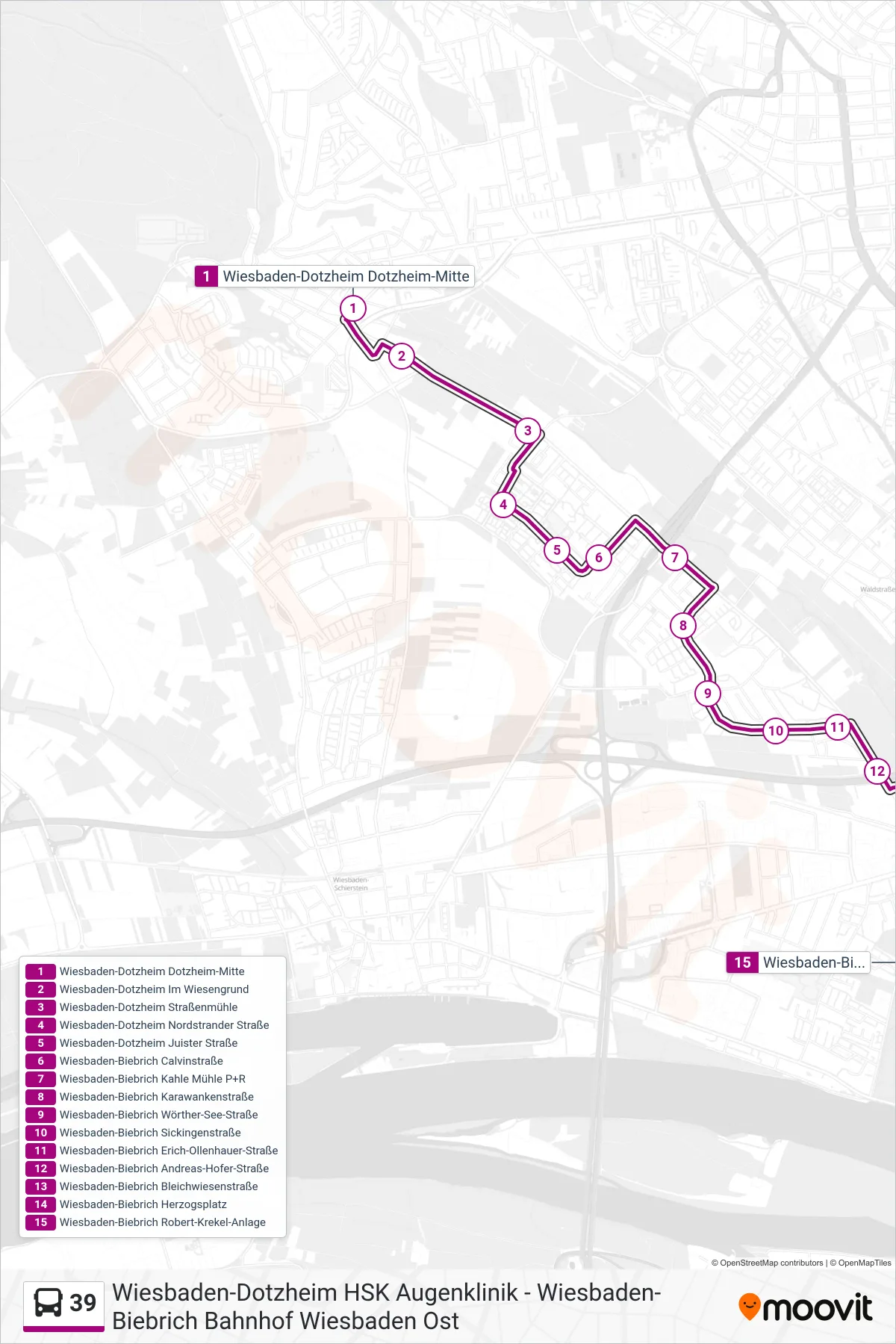 39 bus Line (Wiesbaden-Biebrich Robert-Krekel-Anlage) route and stops on a map