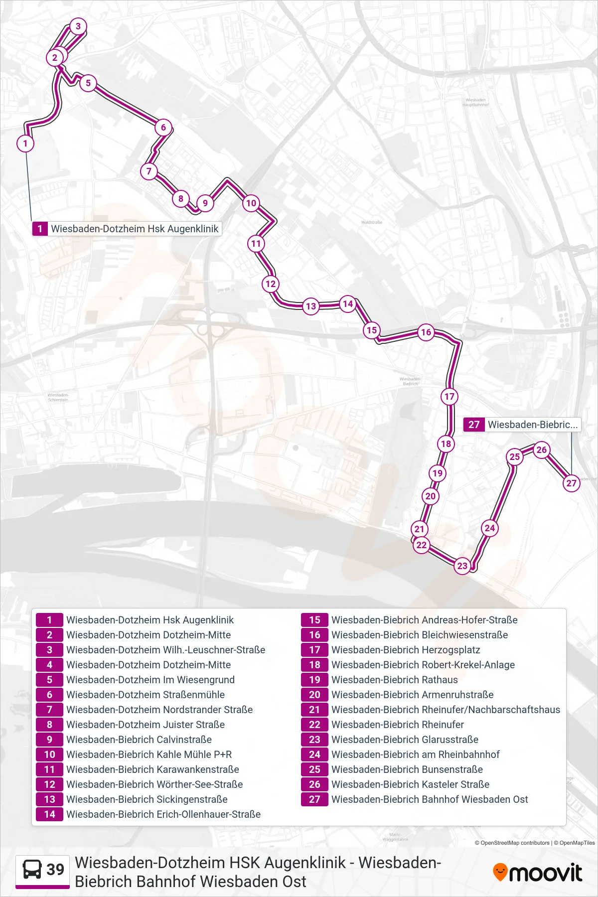 39 bus Line (Wiesbaden-Biebrich Bahnhof Wiesbaden Ost) route and stops on a map