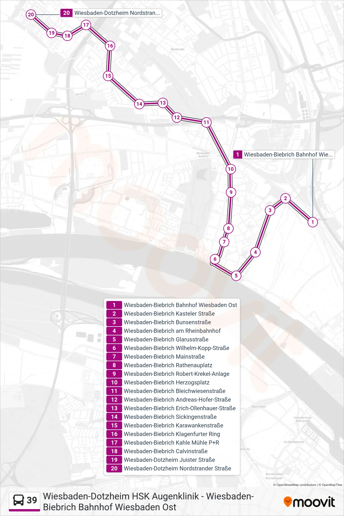 39 bus Line (Wiesbaden-Dotzheim Nordstrander Straße) route and stops on a map