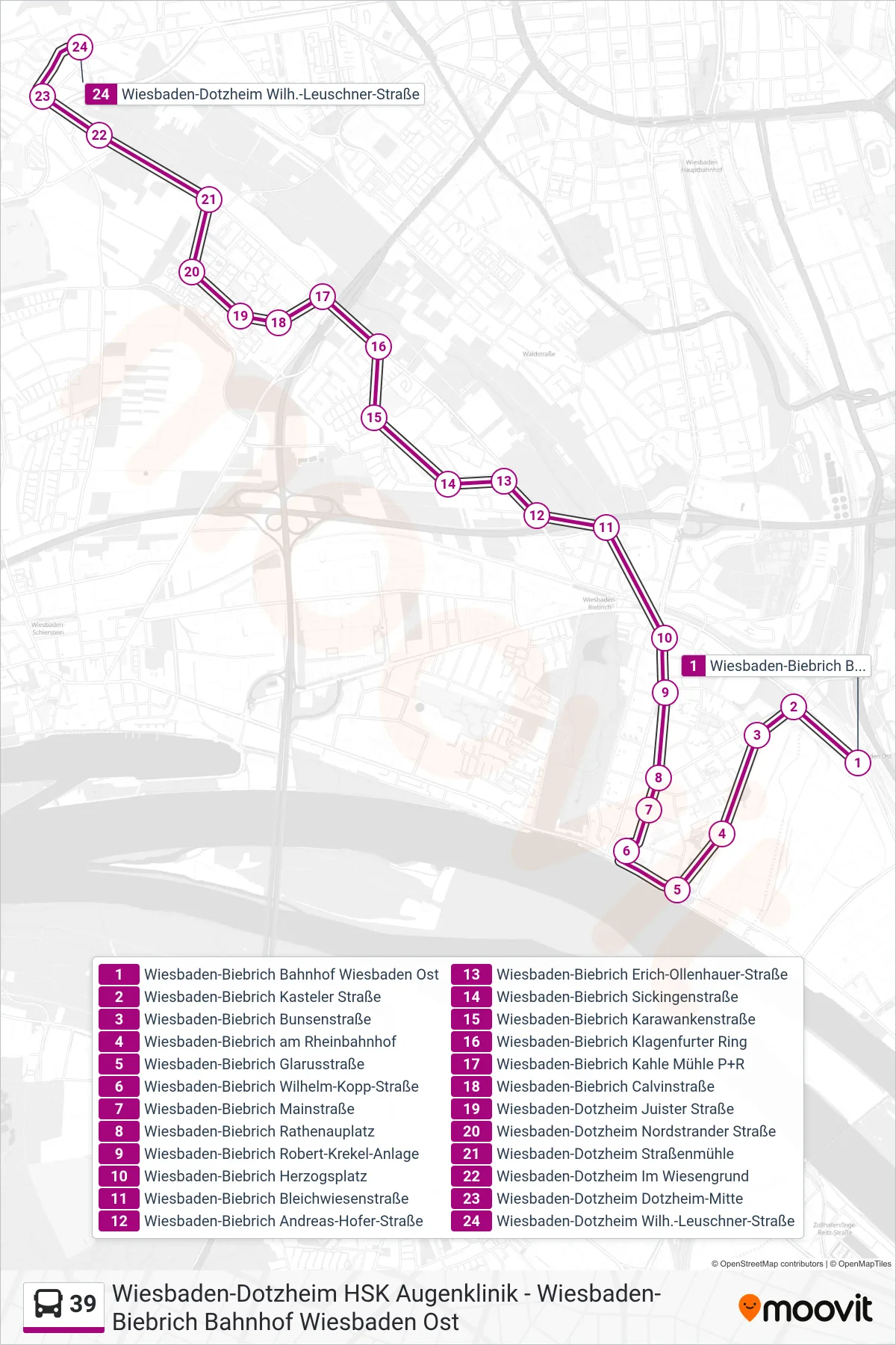 39 bus Line (Wiesbaden-Dotzheim Wilh.-Leuschner-Straße) route and stops on a map