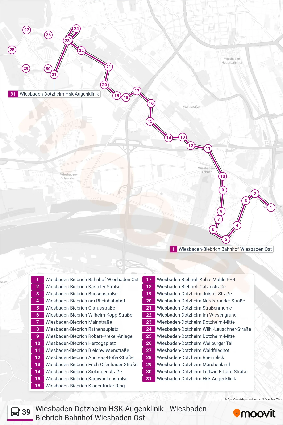 Linie 39 (Bus) Richtung Wiesbaden-Dotzheim Hsk Augenklinik: Route und Haltestellen auf der Karte