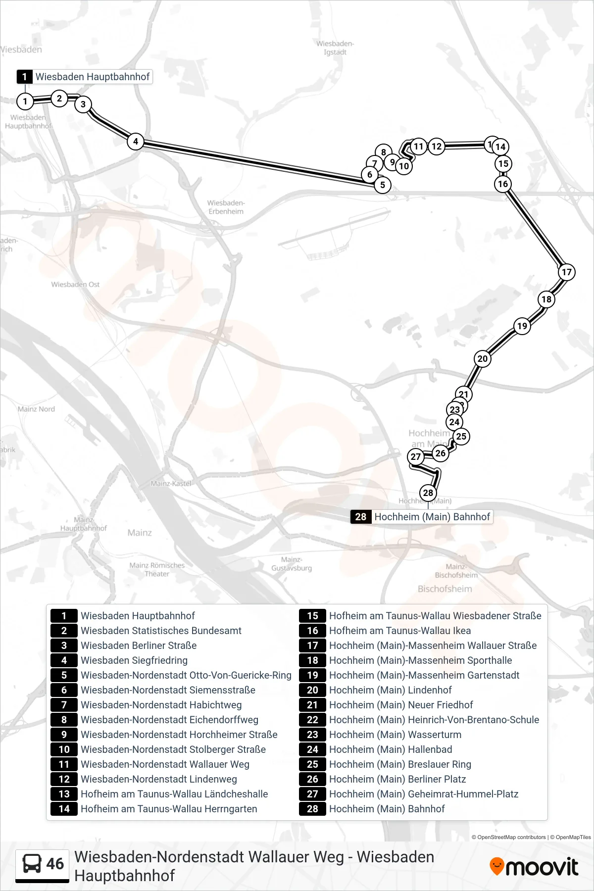 46 bus Line (Hochheim (Main) Bahnhof) route and stops on a map