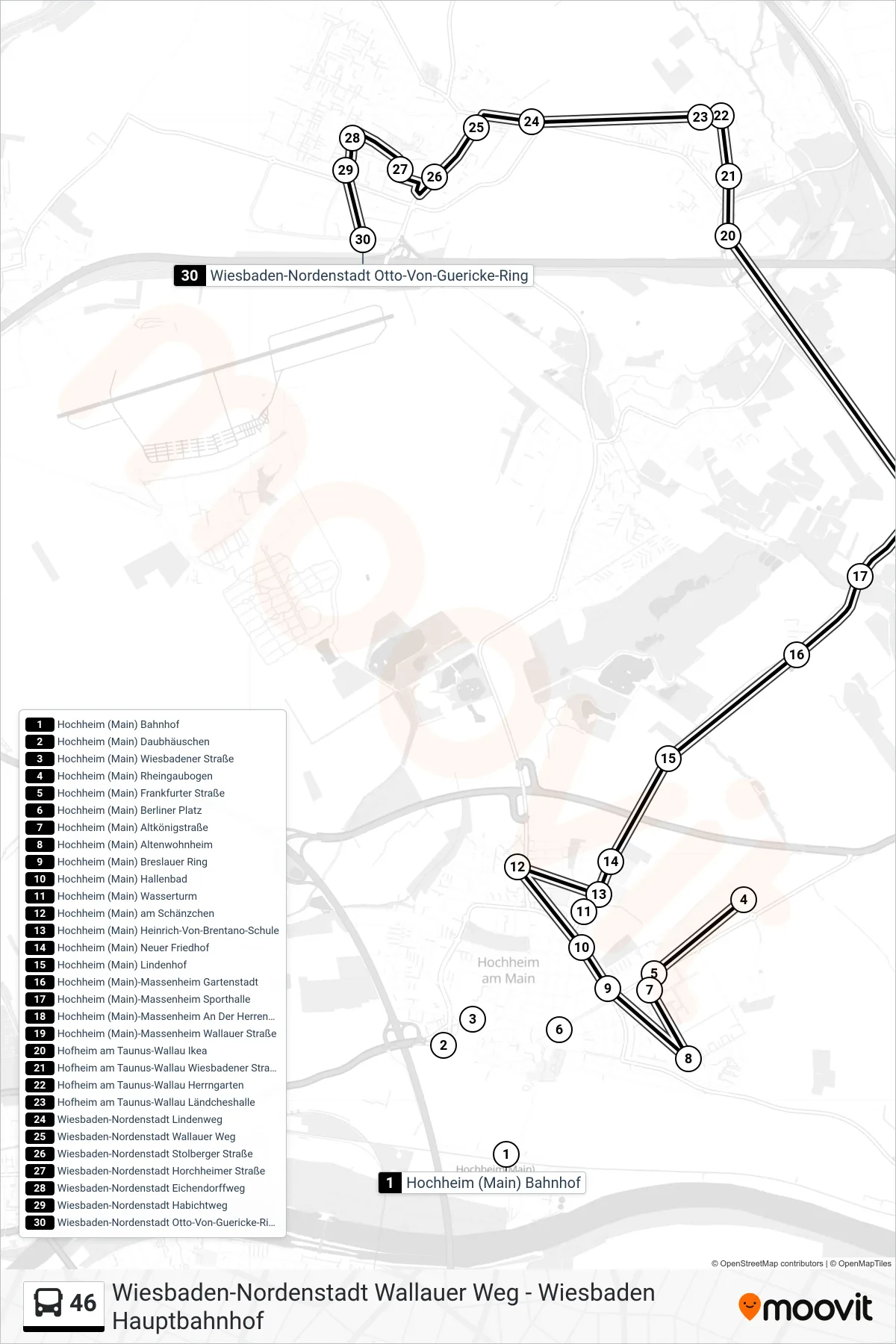 46 bus Line (Wiesbaden-Nordenstadt Otto-Von-Guericke-Ring) route and stops on a map