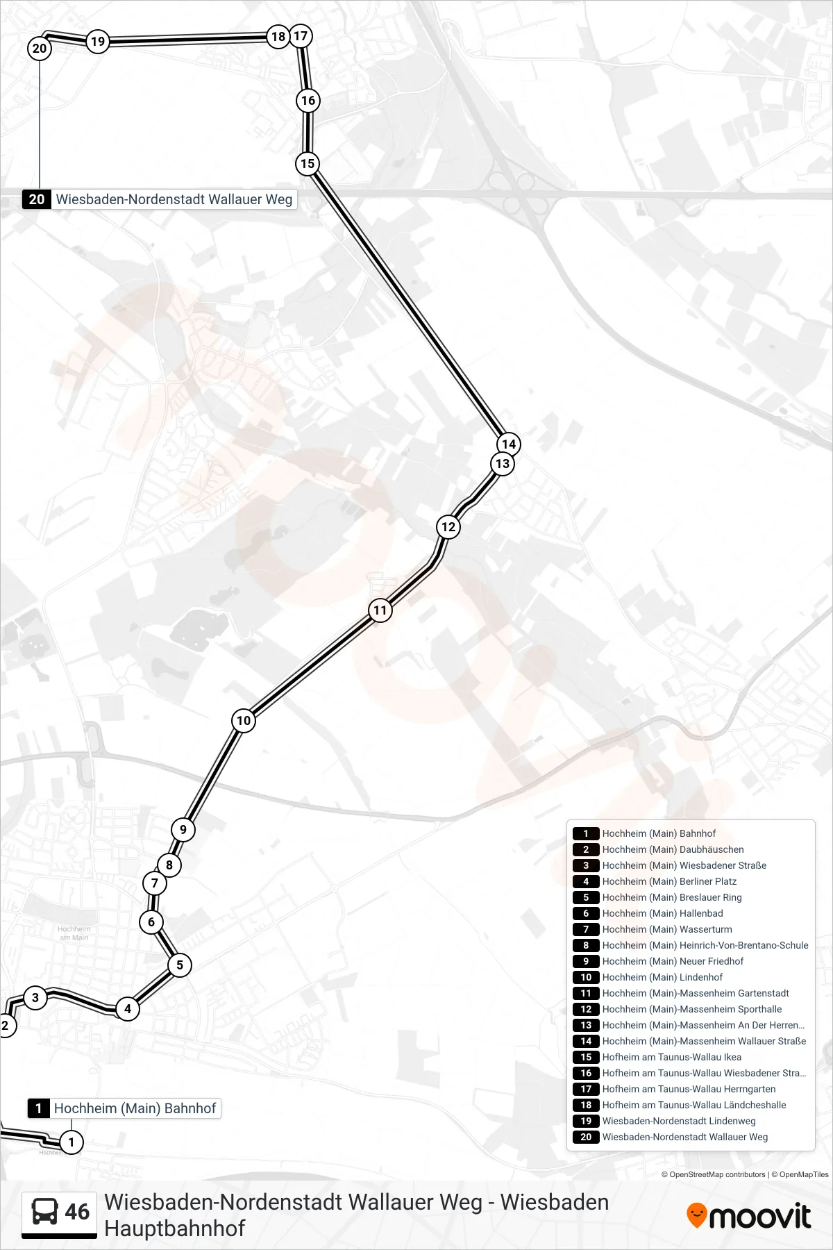 46 bus Line (Wiesbaden-Nordenstadt Wallauer Weg) route and stops on a map