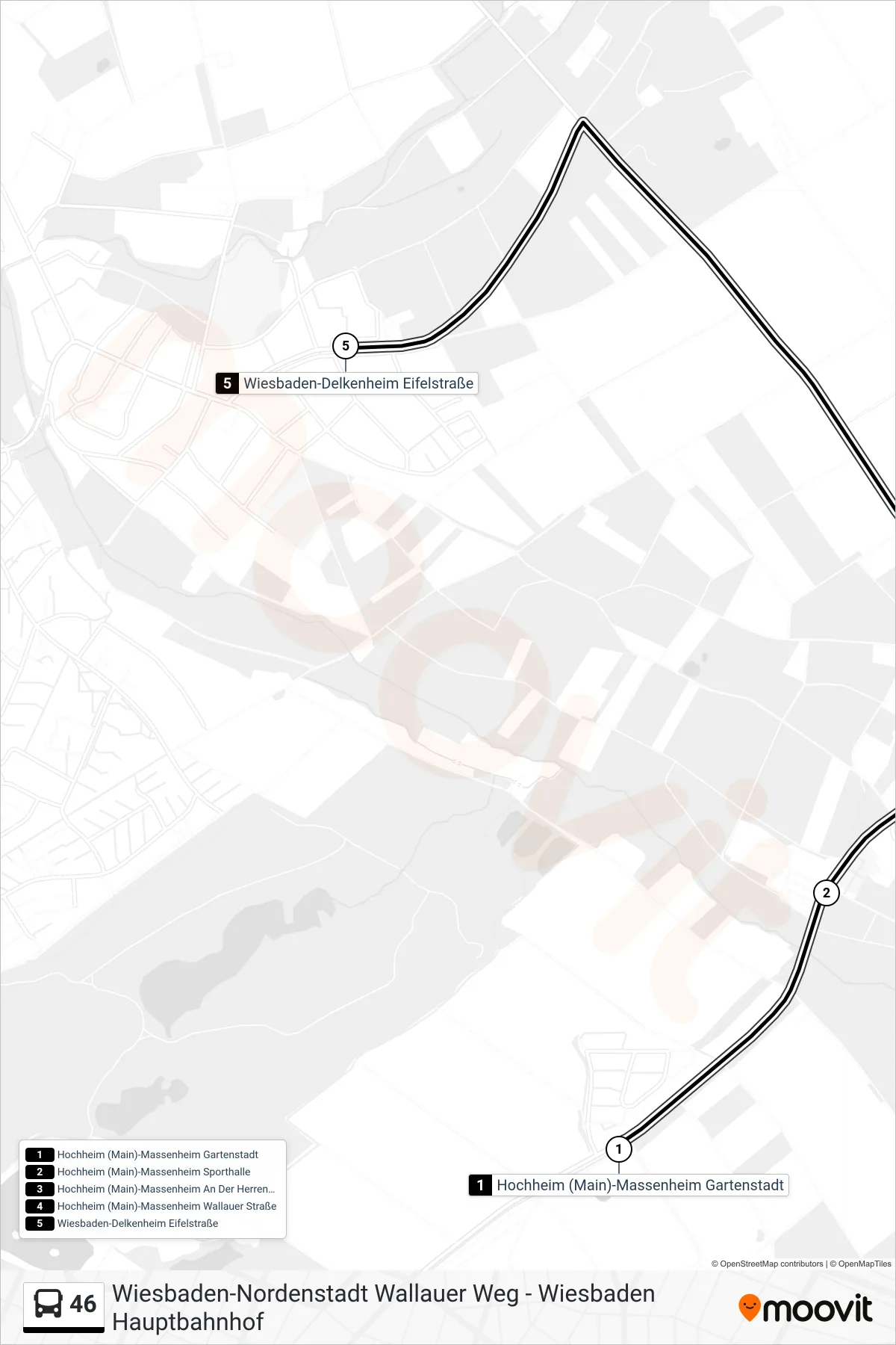 46 bus Line (Wiesbaden-Delkenheim Eifelstraße) route and stops on a map