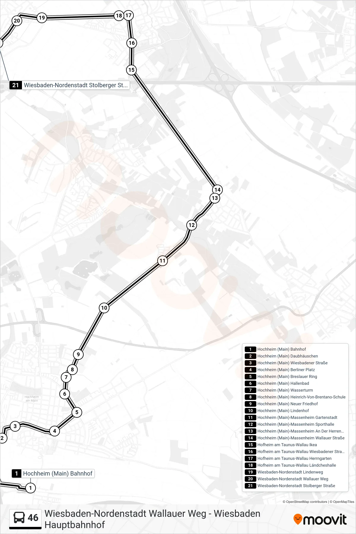 46 bus Line (Wiesbaden-Nordenstadt Stolberger Straße) route and stops on a map