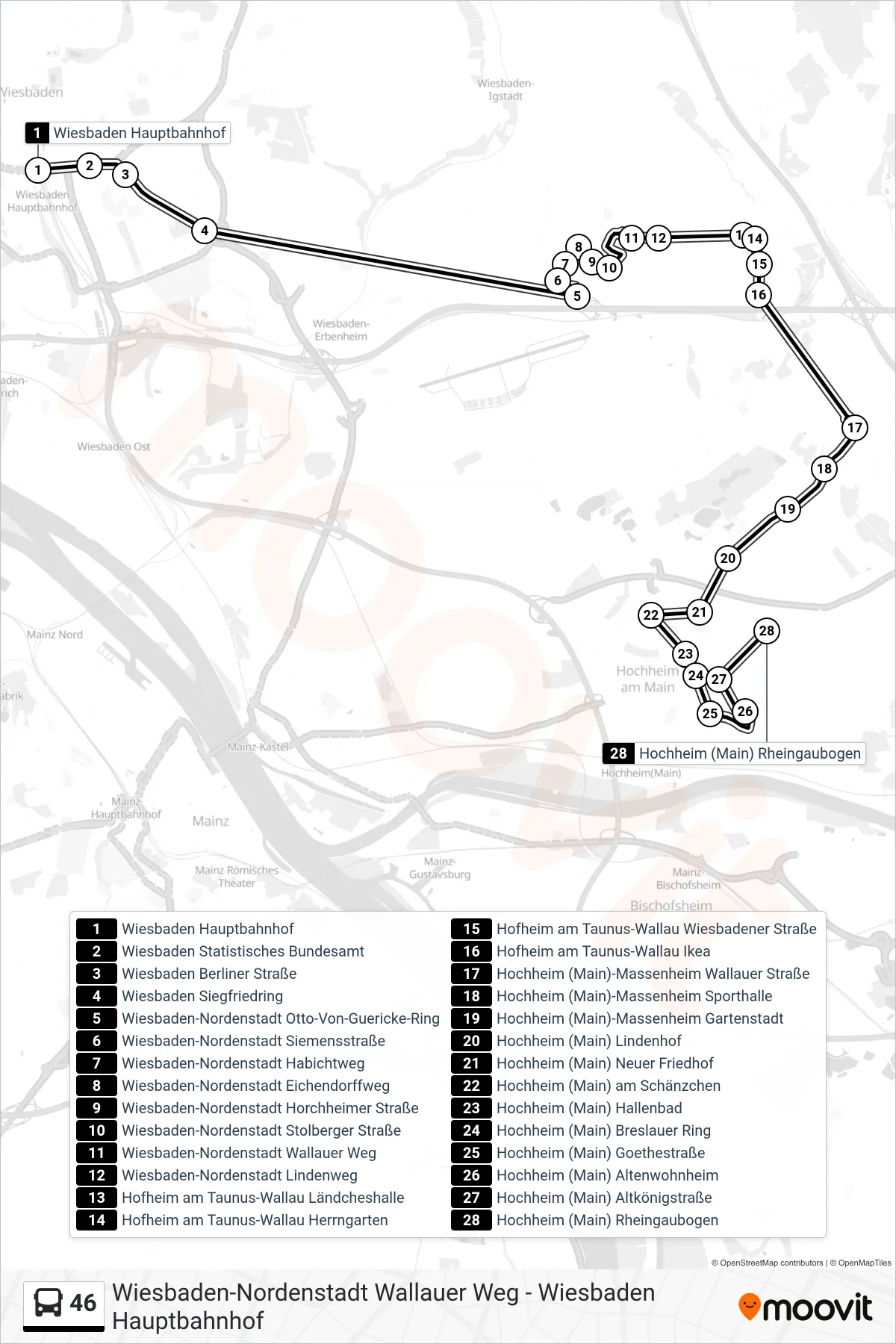Linie 46 (Bus) Richtung Hochheim (Main) Rheingaubogen: Route und Haltestellen auf der Karte