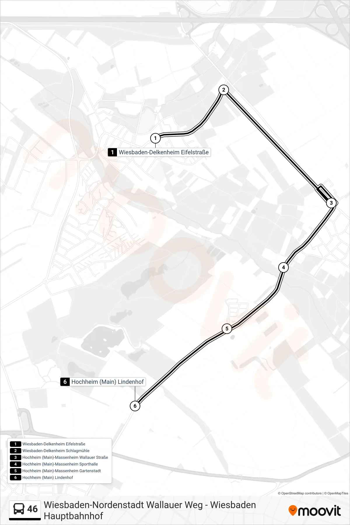 46 bus Line (Hochheim (Main) Lindenhof) route and stops on a map