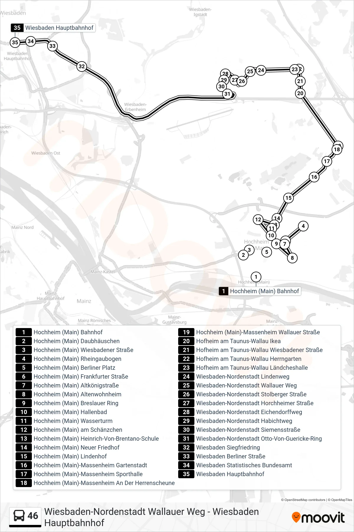 46 bus Line (Wiesbaden Hauptbahnhof) route and stops on a map
