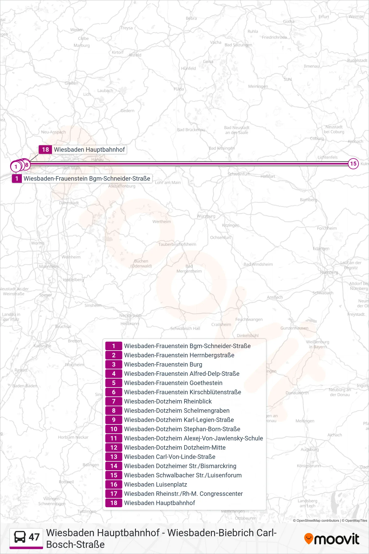 47 bus Line (Wiesbaden Hauptbahnhof) route and stops on a map