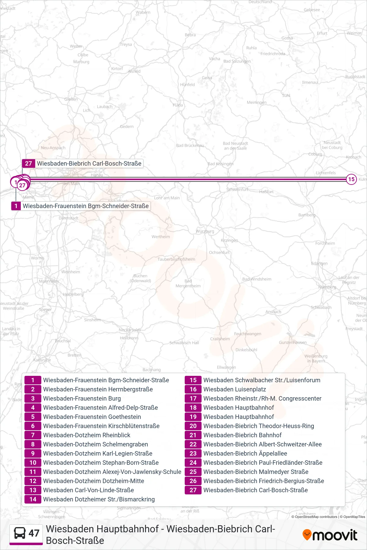 Linie 47 (Bus) Richtung Wiesbaden-Biebrich Carl-Bosch-Straße: Route und Haltestellen auf der Karte