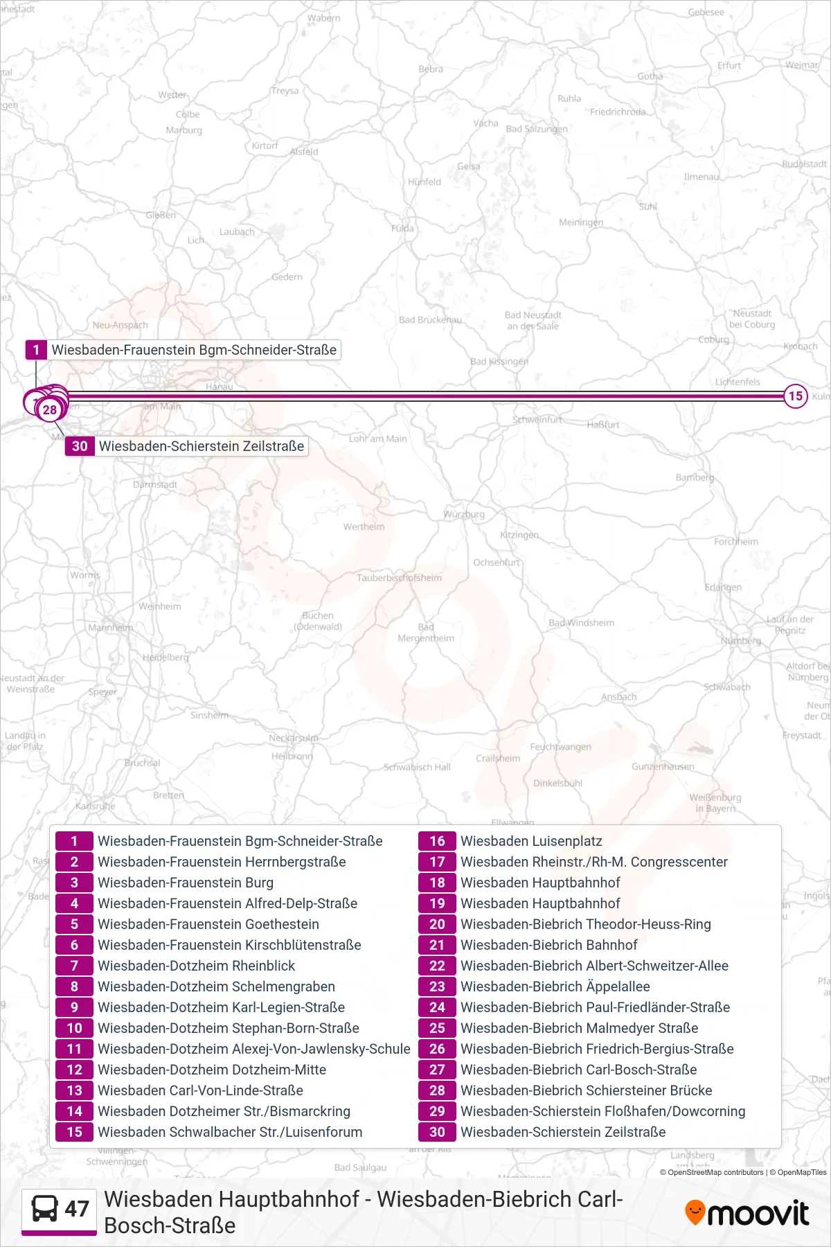 47 bus Line (Wiesbaden-Schierstein Zeilstraße) route and stops on a map