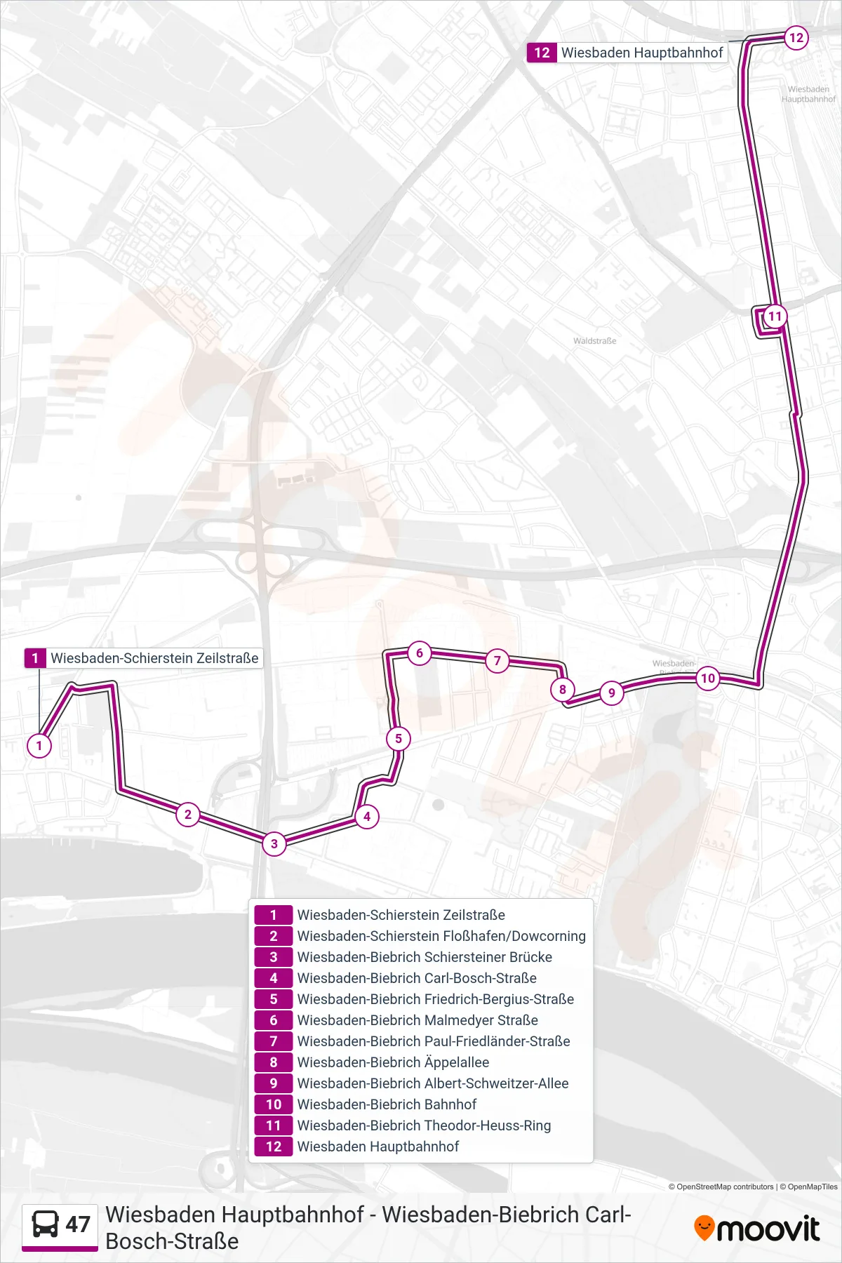 47 bus Line (Wiesbaden Hauptbahnhof) route and stops on a map
