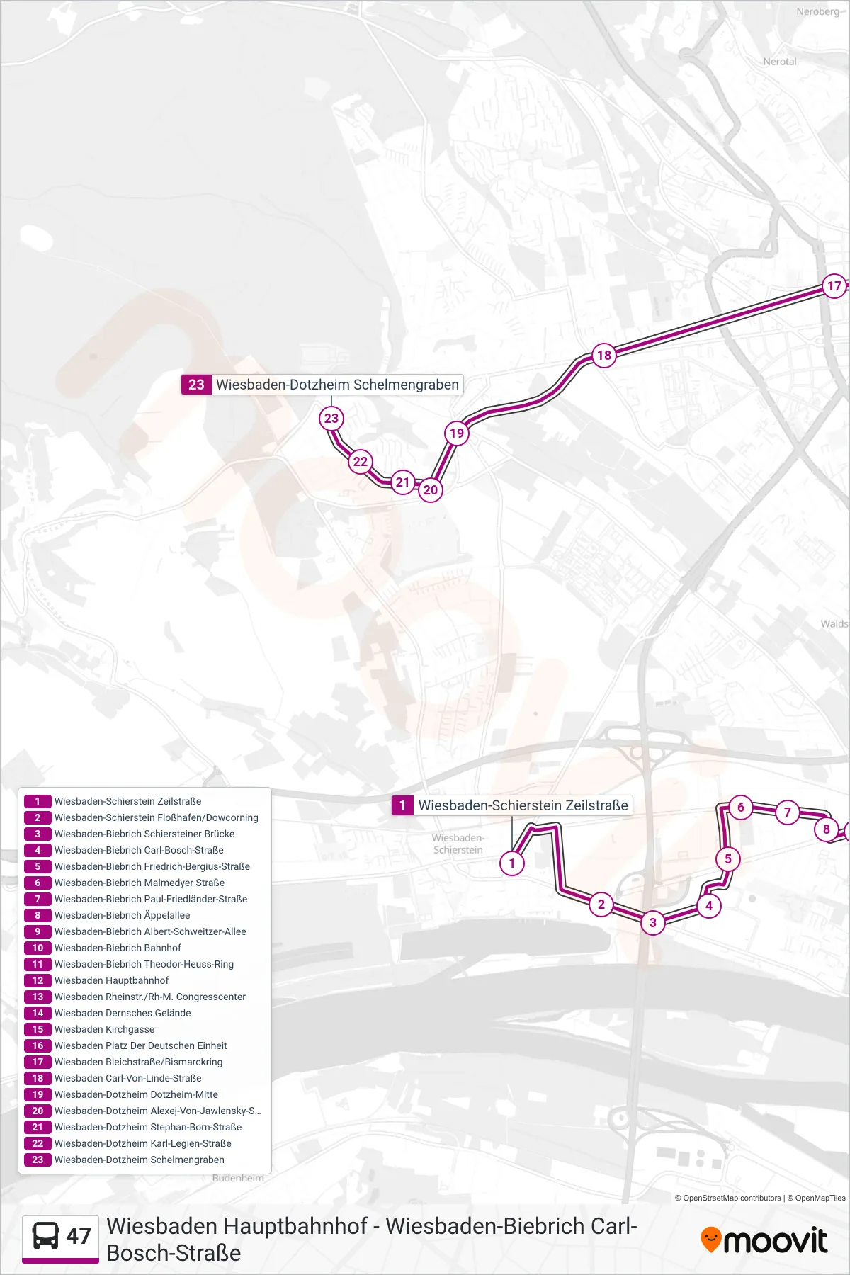 47 bus Line (Wiesbaden-Dotzheim Schelmengraben) route and stops on a map