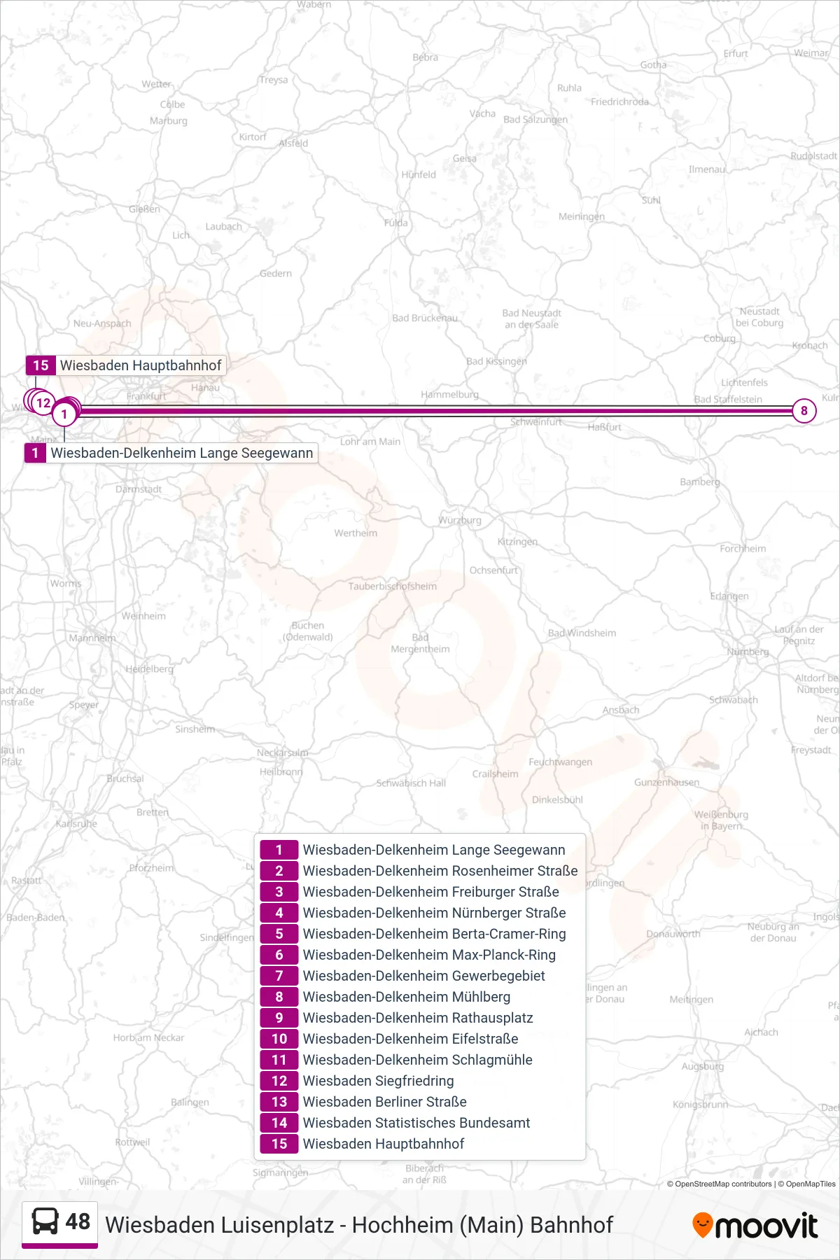 48 bus Line (Wiesbaden Hauptbahnhof) route and stops on a map