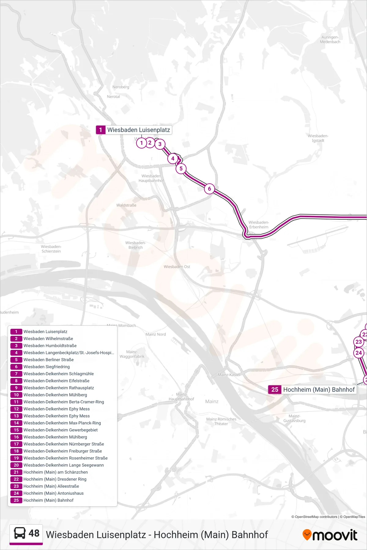 48 bus Line (Hochheim (Main) Bahnhof) route and stops on a map