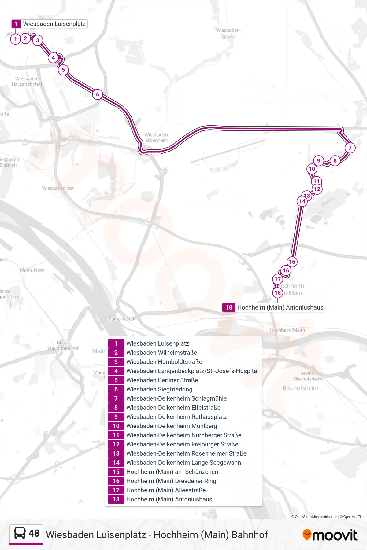 48 bus Line (Hochheim (Main) Antoniushaus) route and stops on a map