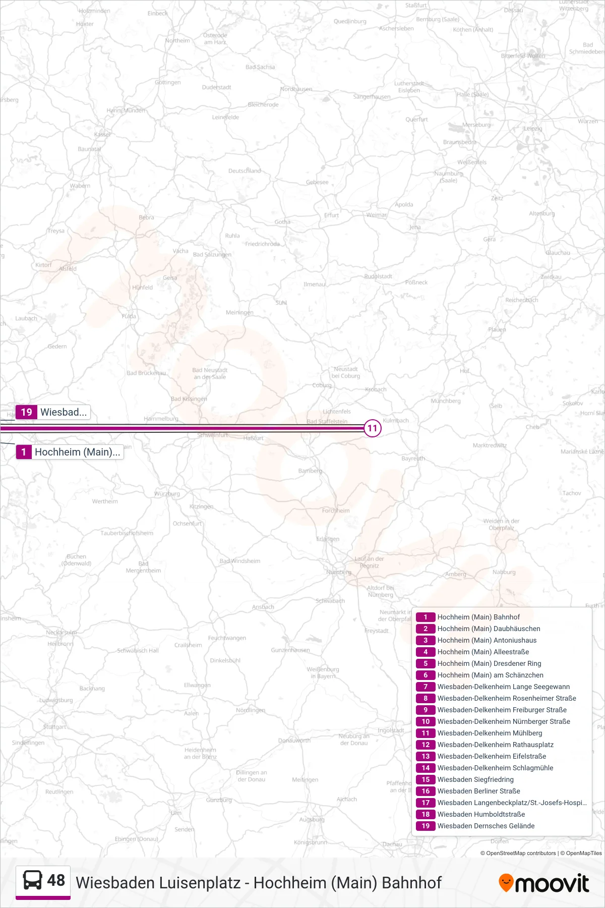 48 bus Line (Wiesbaden Dernsches Gelände) route and stops on a map