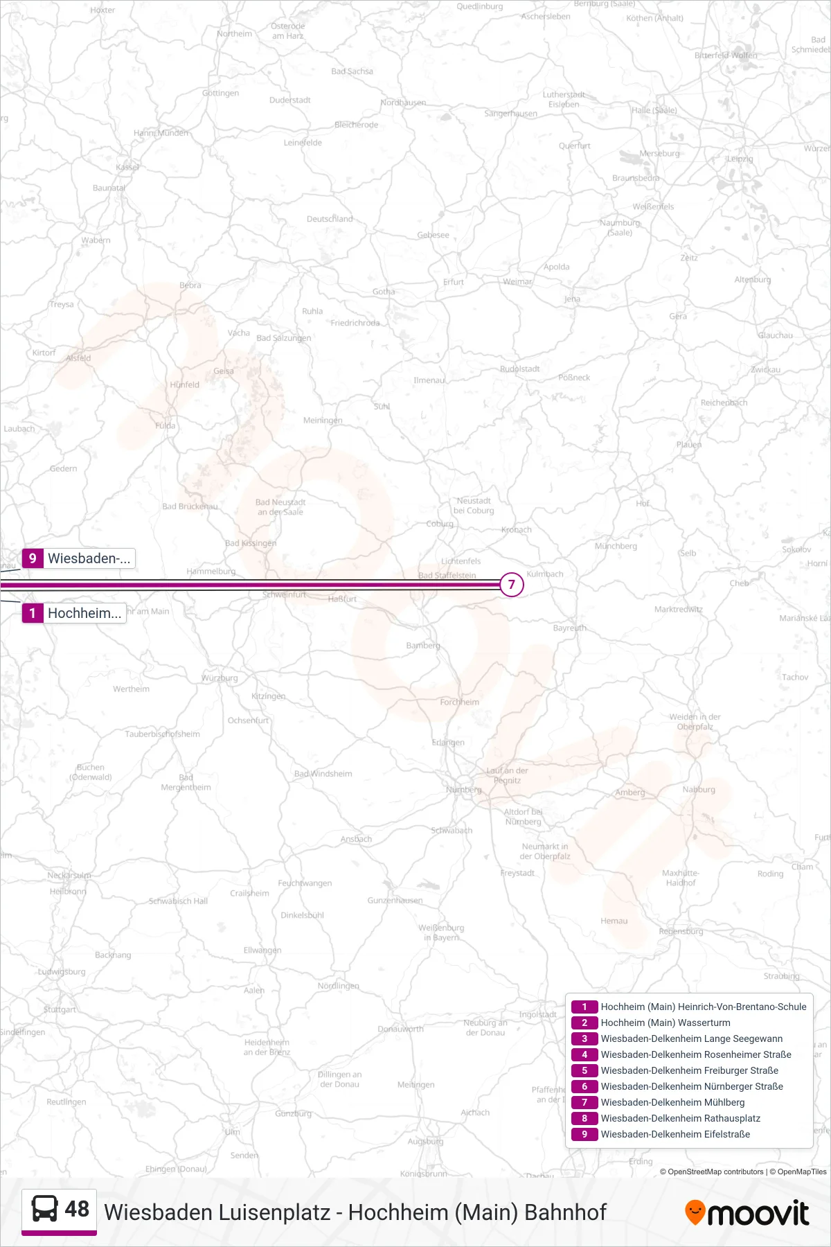 48 bus Line (Wiesbaden-Delkenheim Eifelstraße) route and stops on a map