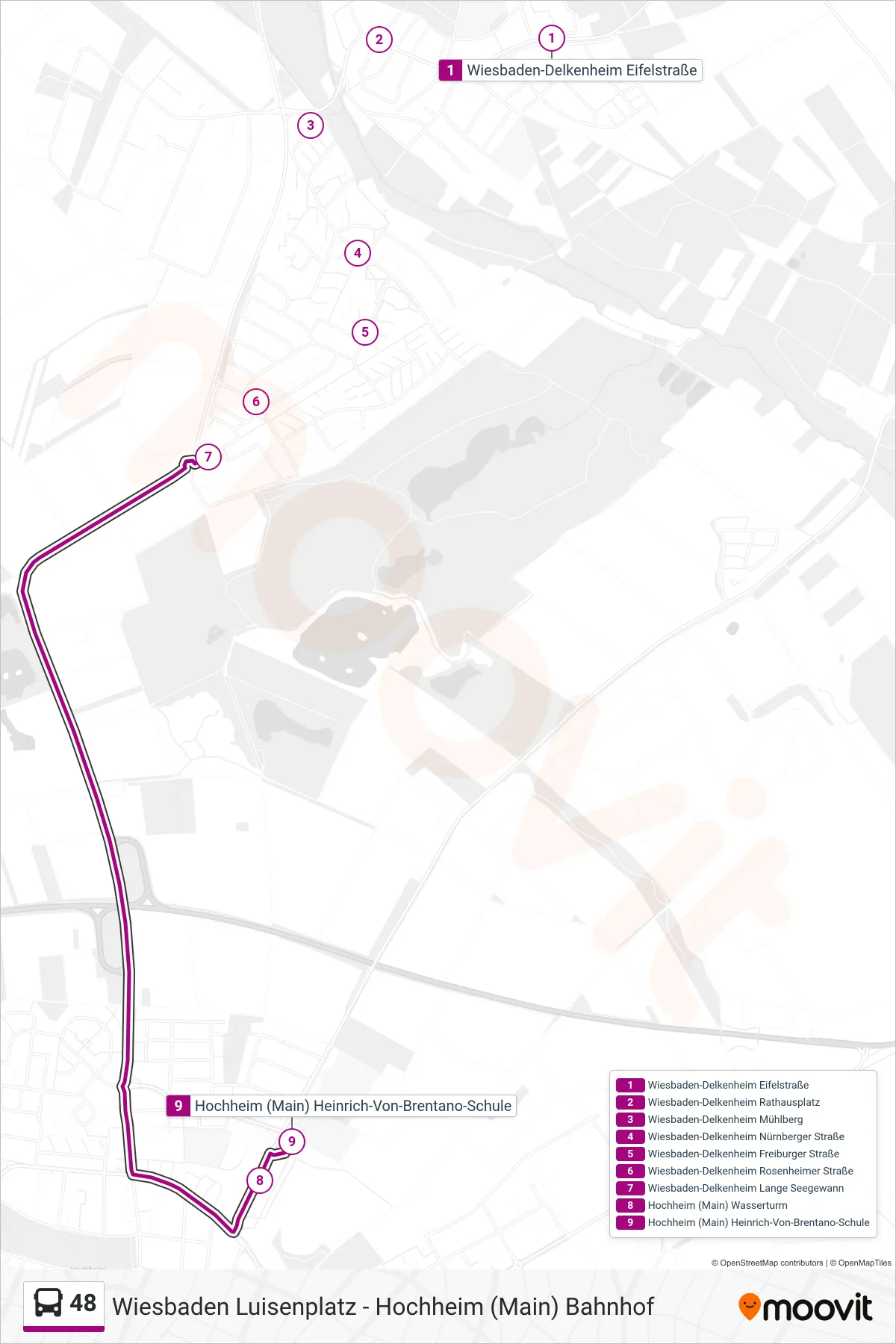 Linie 48 (Bus) Richtung Hochheim (Main) Heinrich-Von-Brentano-Schule: Route und Haltestellen auf der Karte