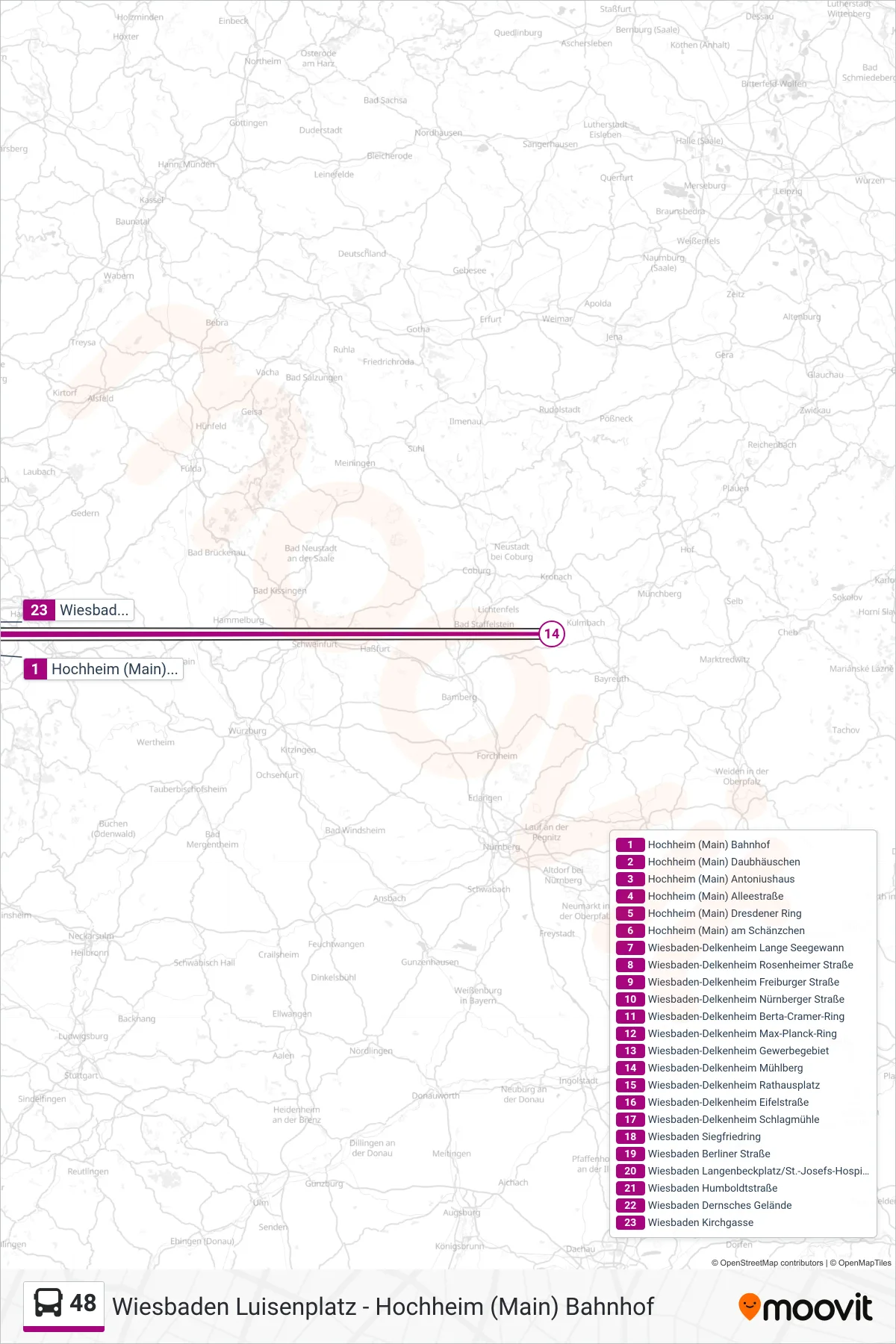 48 bus Line (Wiesbaden Kirchgasse) route and stops on a map
