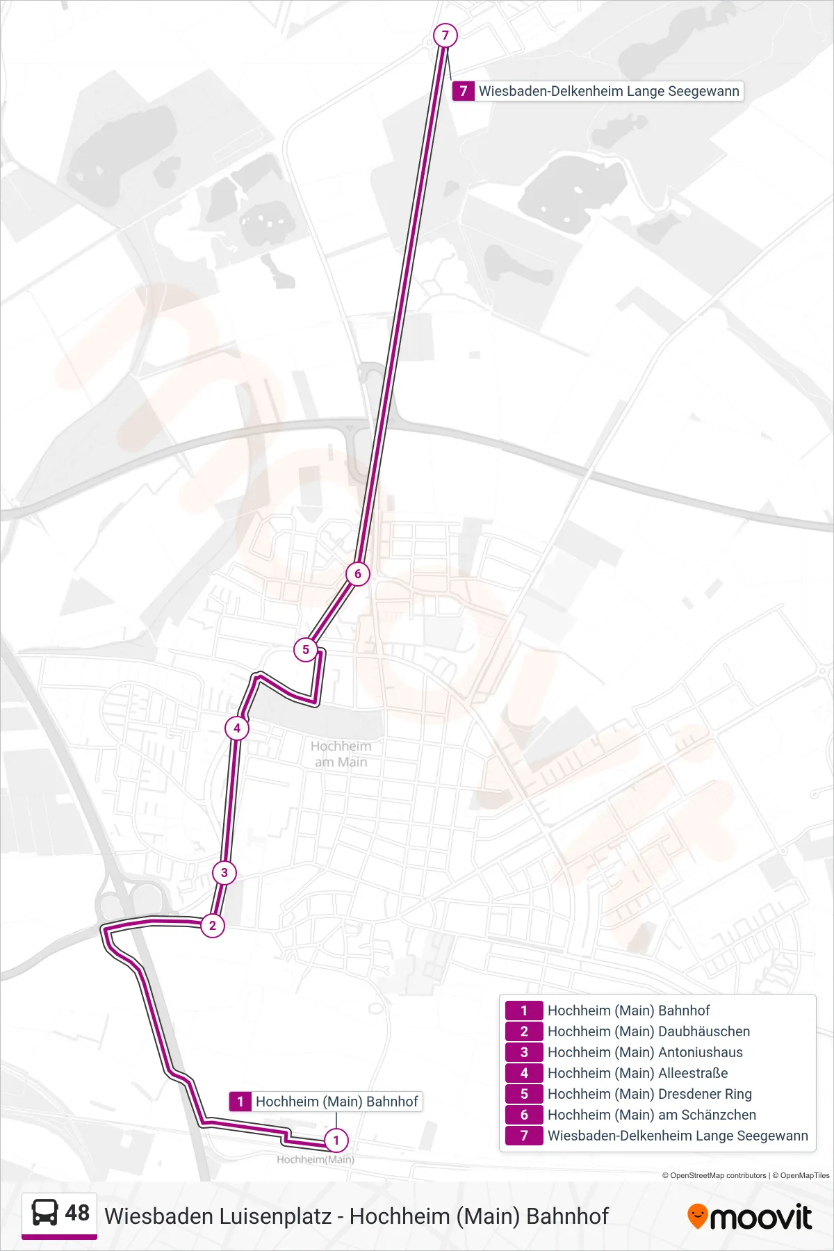 48 bus Line (Wiesbaden-Delkenheim Lange Seegewann) route and stops on a map