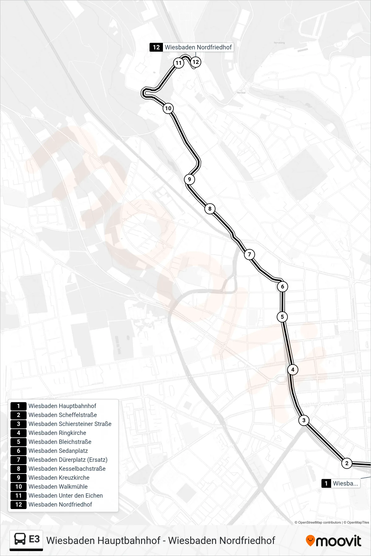 Linie E3 (Bus) Richtung Wiesbaden Nordfriedhof: Route und Haltestellen auf der Karte