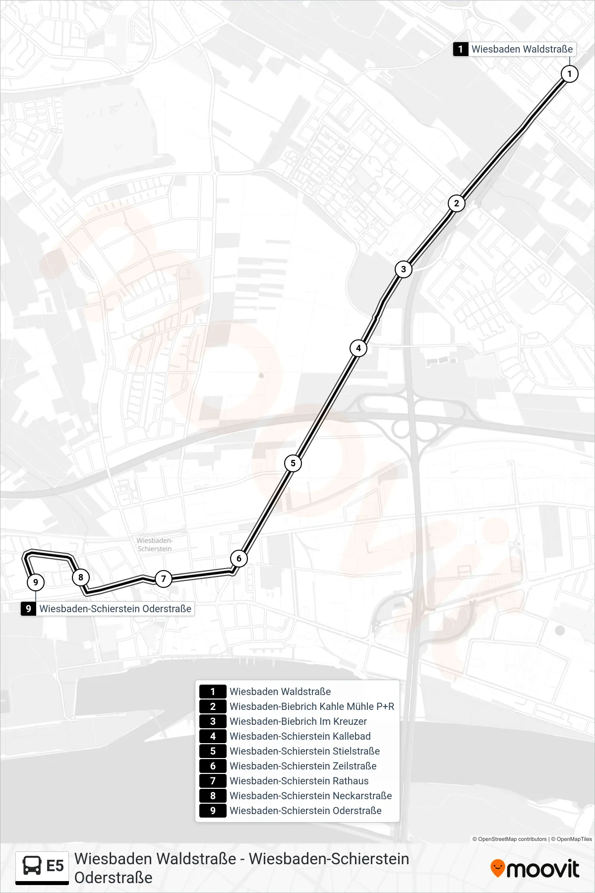 Linie E5 (Bus) Richtung Wiesbaden-Schierstein Oderstraße: Route und Haltestellen auf der Karte