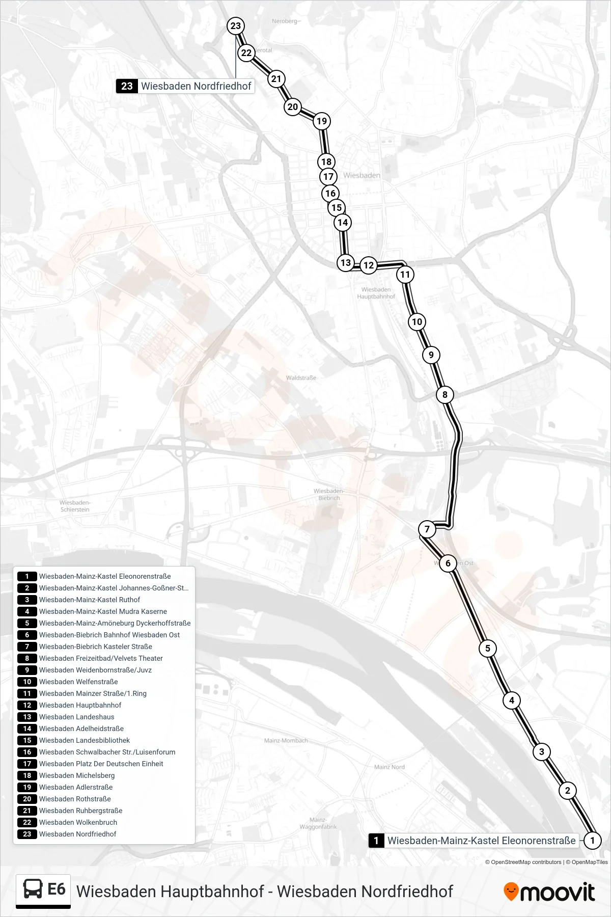 Linie E6 (Bus) Richtung Wiesbaden Nordfriedhof: Route und Haltestellen auf der Karte