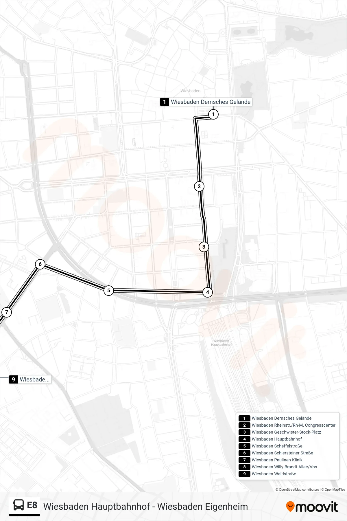 Linie E8 (Bus) Richtung Wiesbaden Waldstraße: Route und Haltestellen auf der Karte