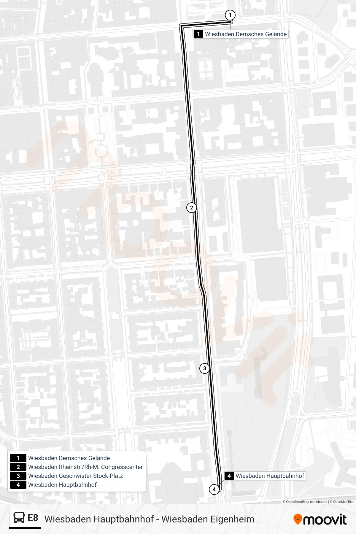 Linie E8 (Bus) Richtung Wiesbaden Hauptbahnhof: Route und Haltestellen auf der Karte