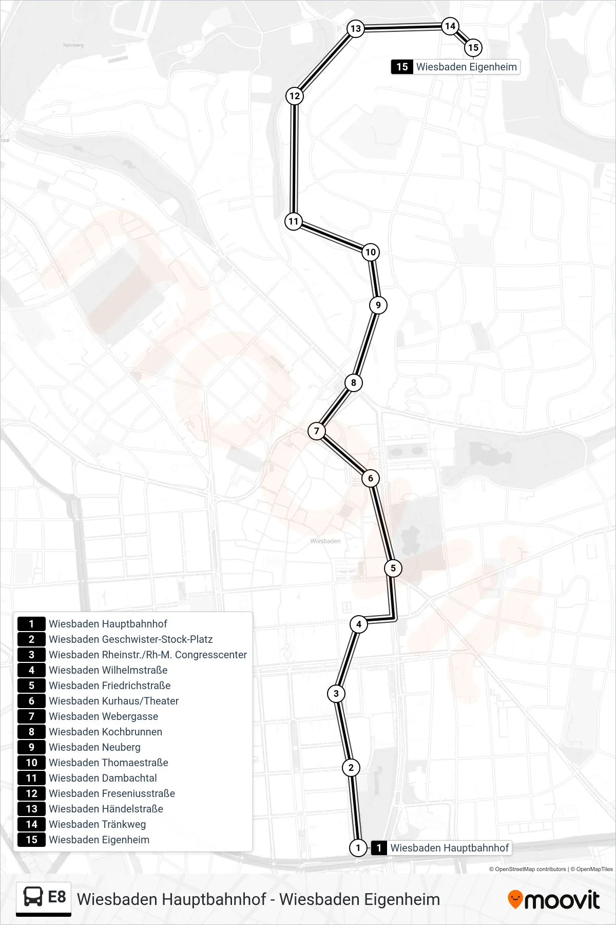 Linie E8 (Bus) Richtung Wiesbaden Eigenheim: Route und Haltestellen auf der Karte