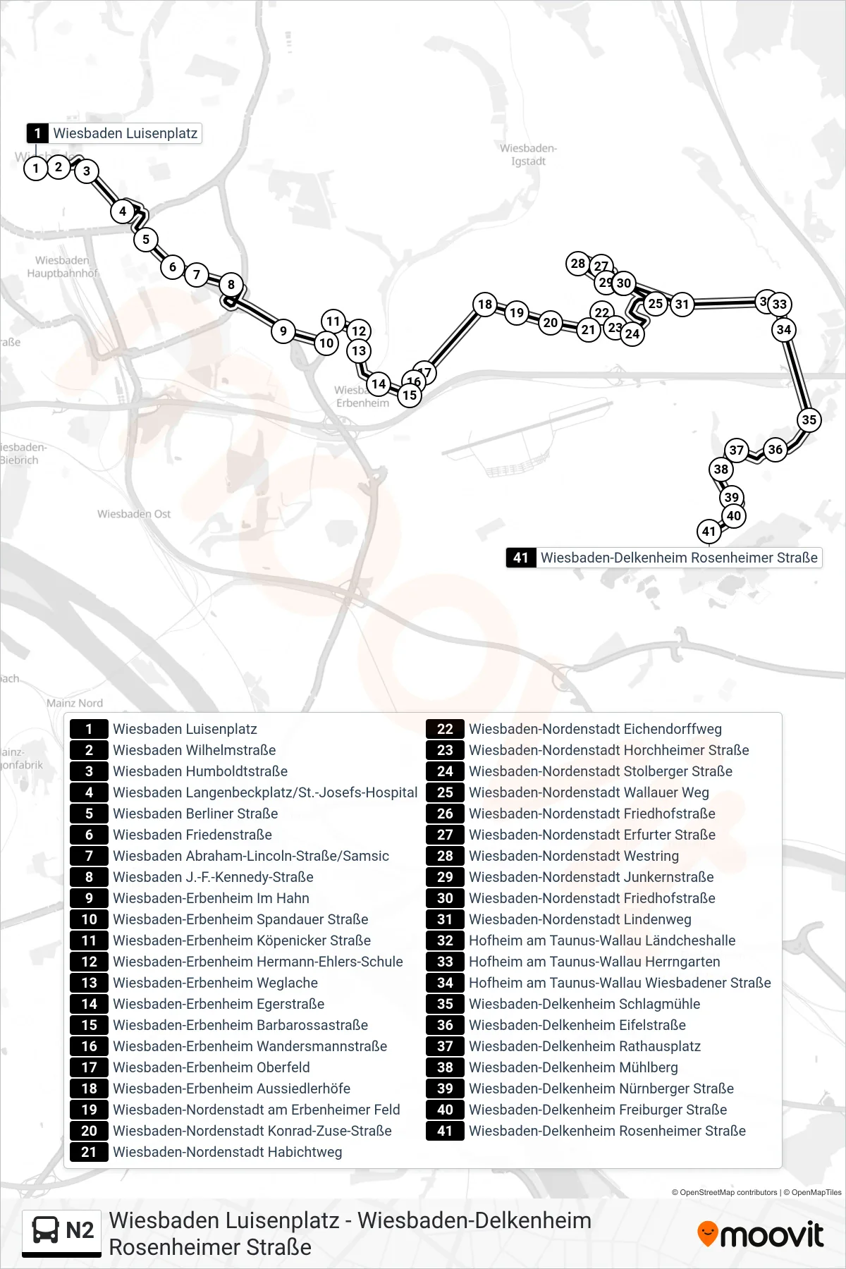 N2 bus Line (Wiesbaden-Delkenheim Rosenheimer Straße) route and stops on a map