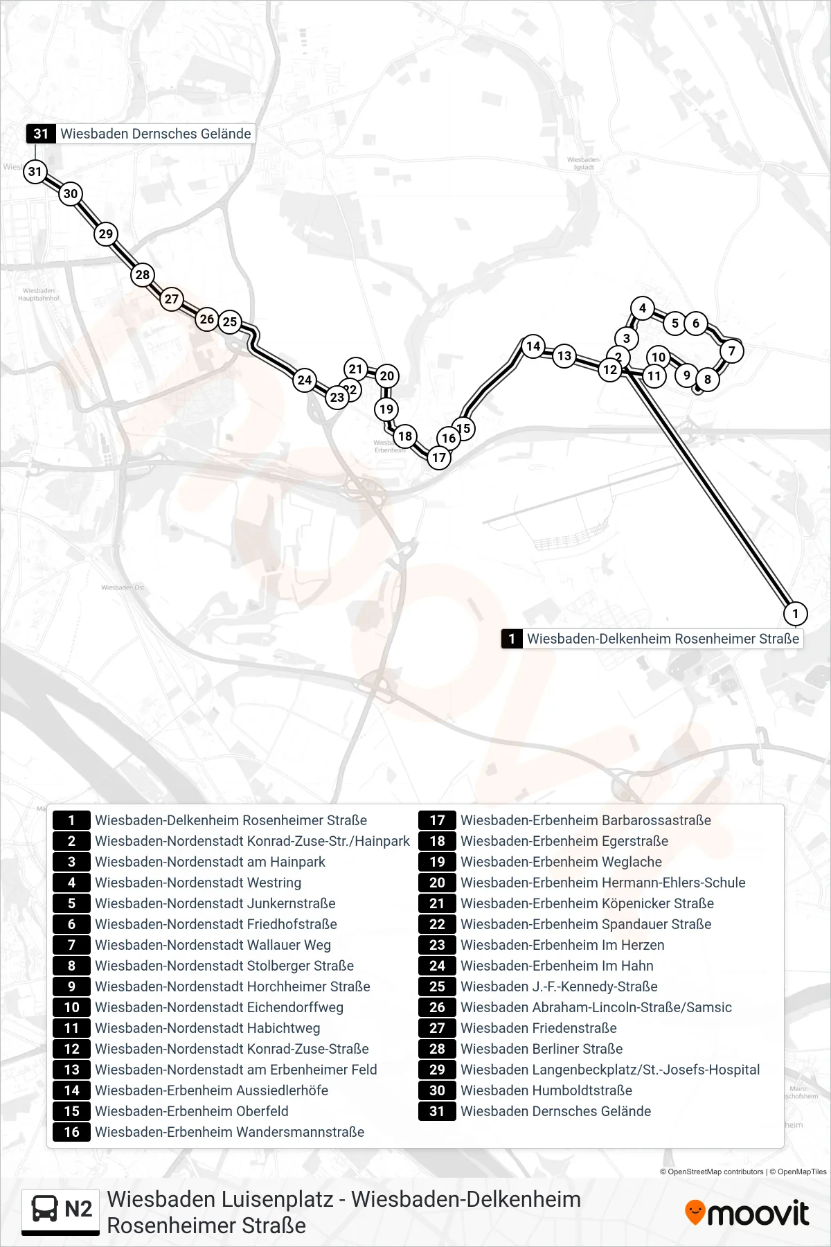 Linie N2 (Bus) Richtung Wiesbaden Dernsches Gelände: Route und Haltestellen auf der Karte