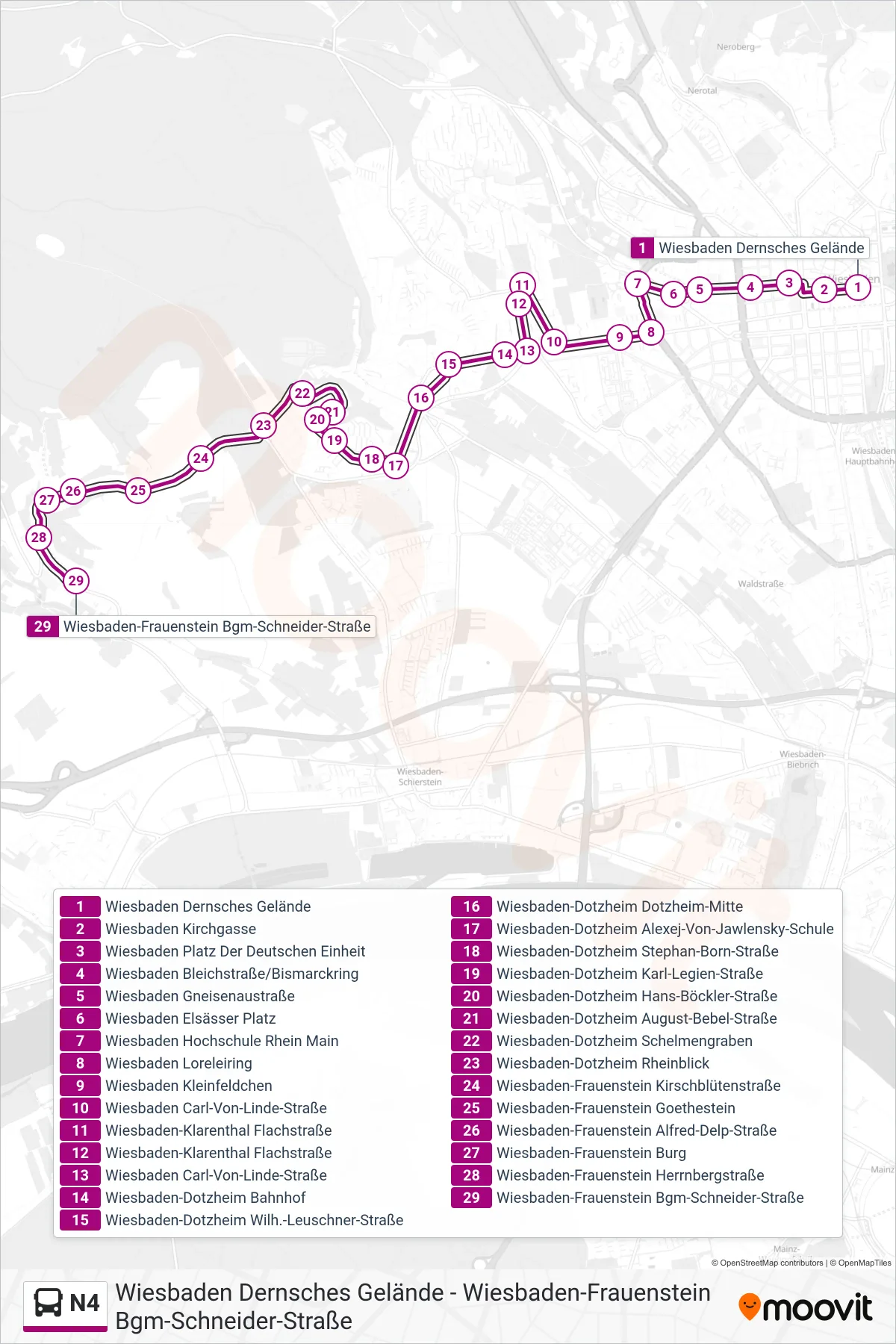 Linie N4 (Bus) Richtung Wiesbaden-Frauenstein Bgm-Schneider-Straße: Route und Haltestellen auf der Karte