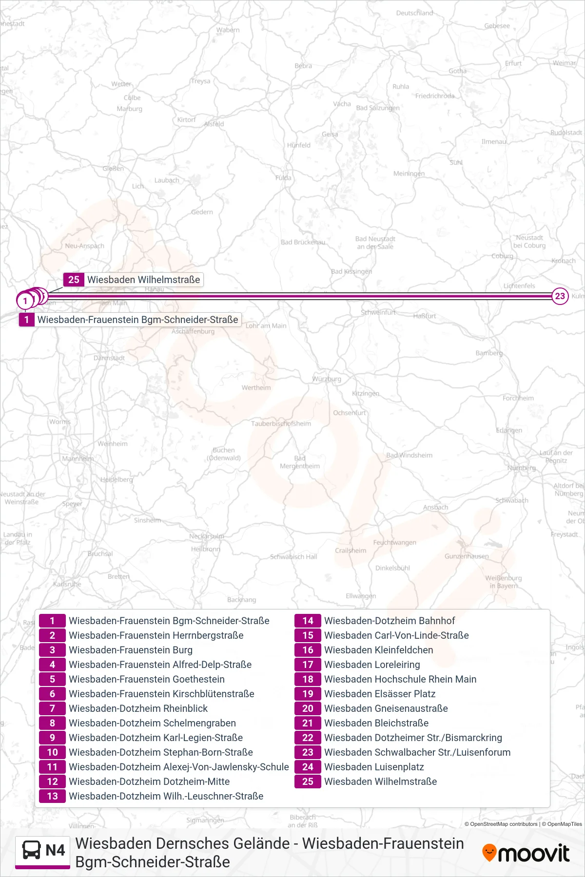 N4 bus Line (Wiesbaden Wilhelmstraße) route and stops on a map