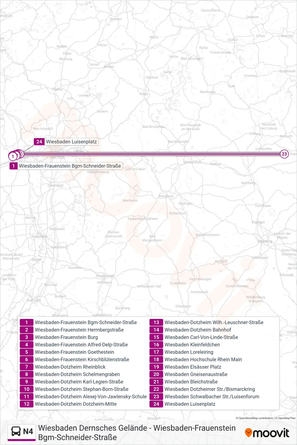 N4 bus Line (Wiesbaden Luisenplatz) route and stops on a map