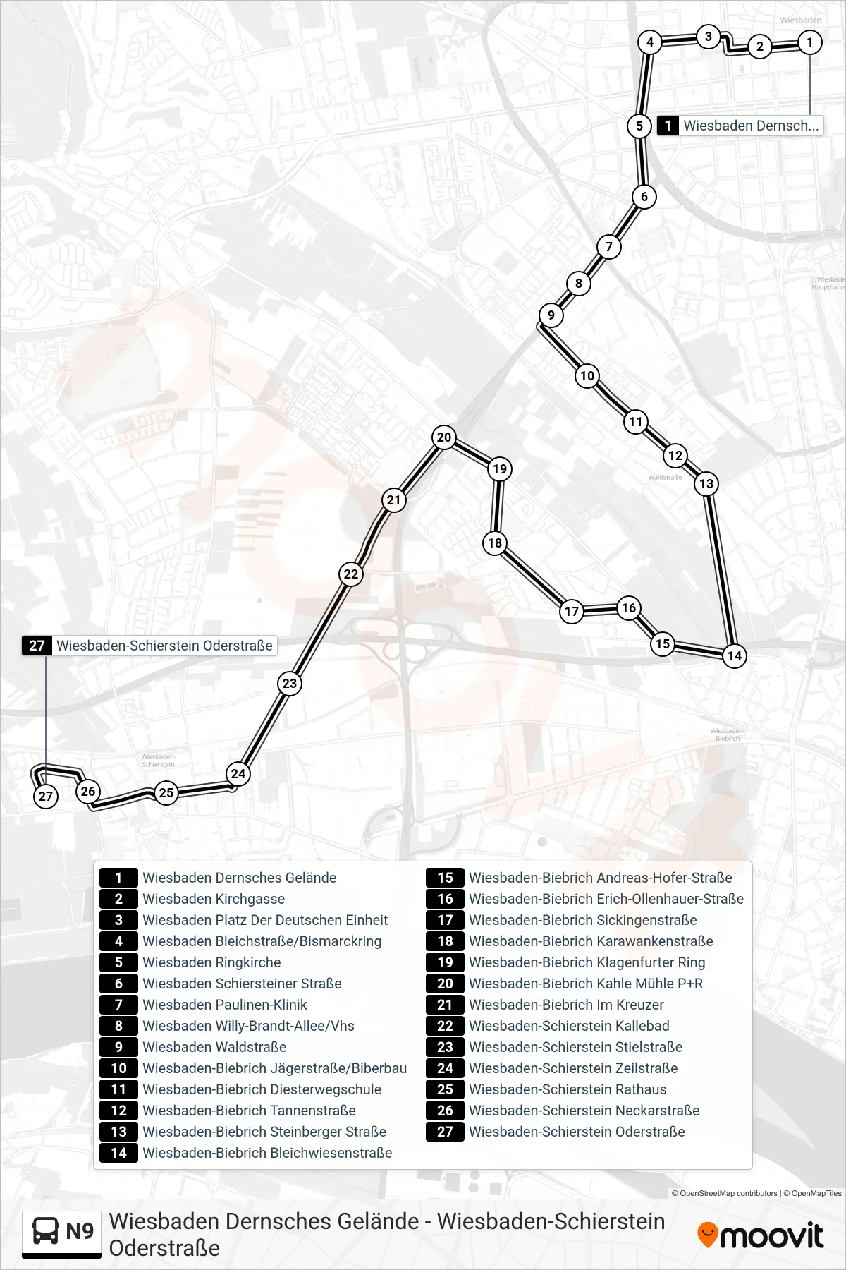 N9 bus Line (Wiesbaden-Schierstein Oderstraße) route and stops on a map