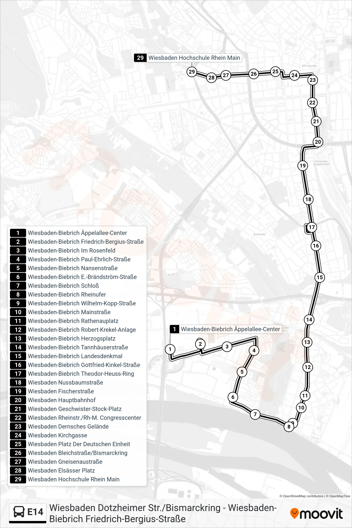 E14 bus Line (Wiesbaden Hochschule Rhein Main) route and stops on a map