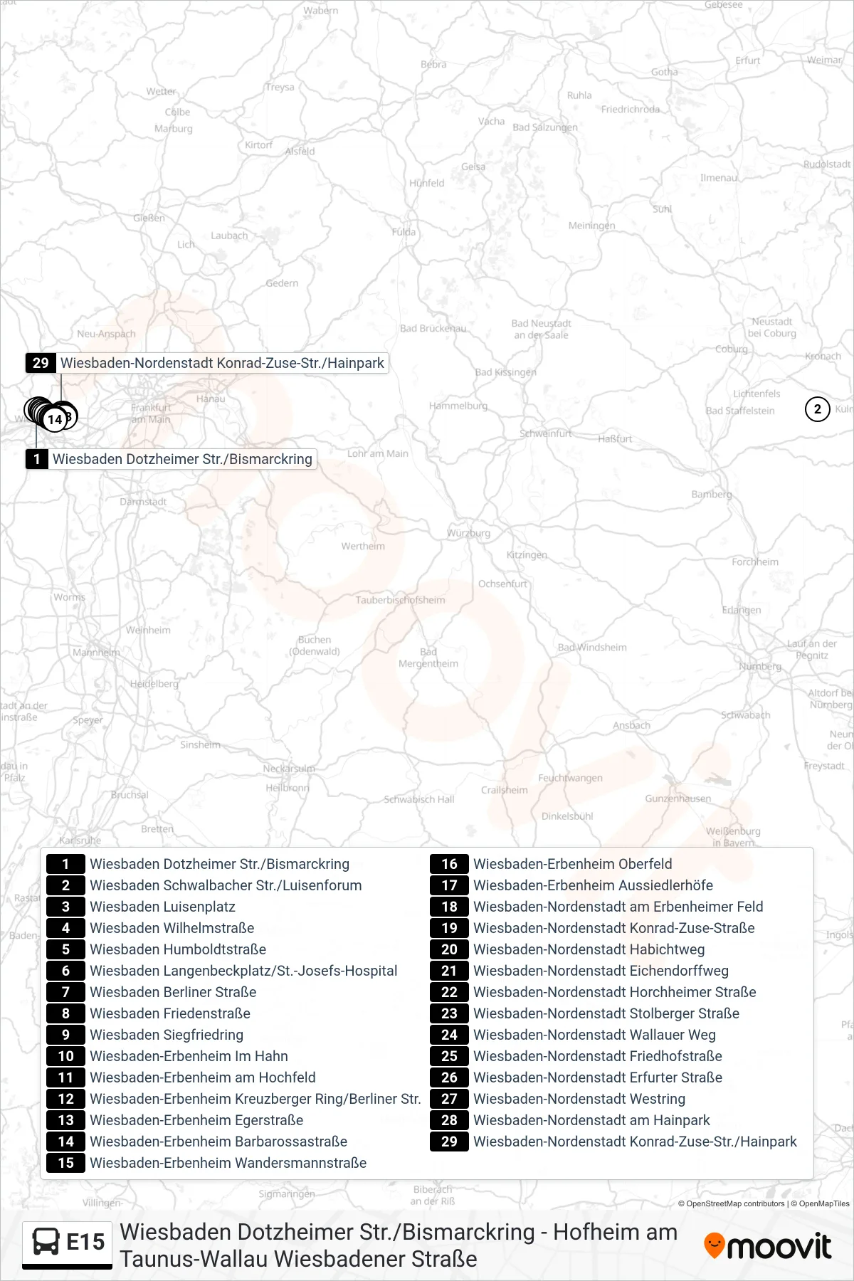 Linie E15 (Bus) Richtung Wiesbaden-Nordenstadt Konrad-Zuse-Str./Hainpark: Route und Haltestellen auf der Karte