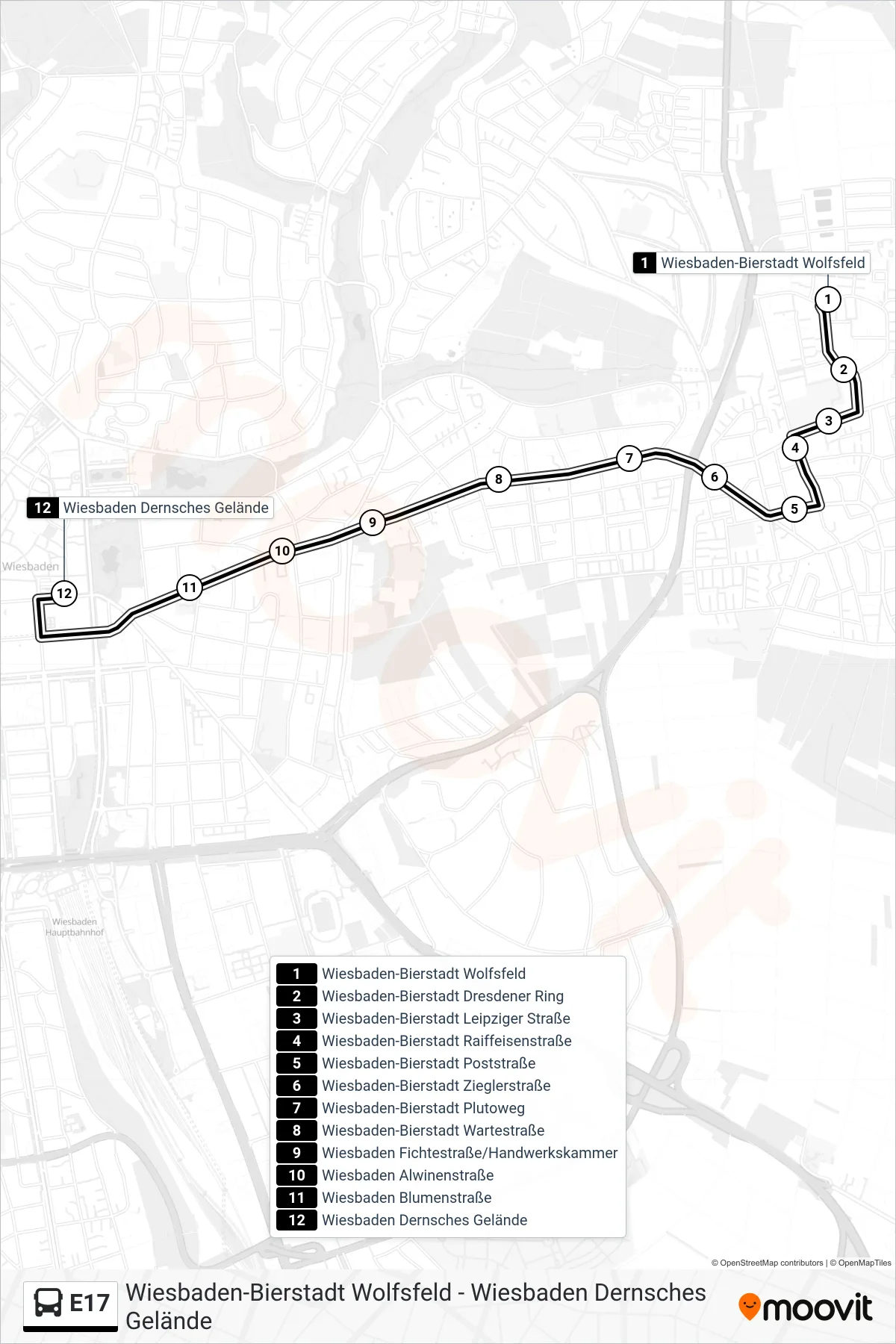 Linie E17 (Bus) Richtung Wiesbaden Dernsches Gelände: Route und Haltestellen auf der Karte