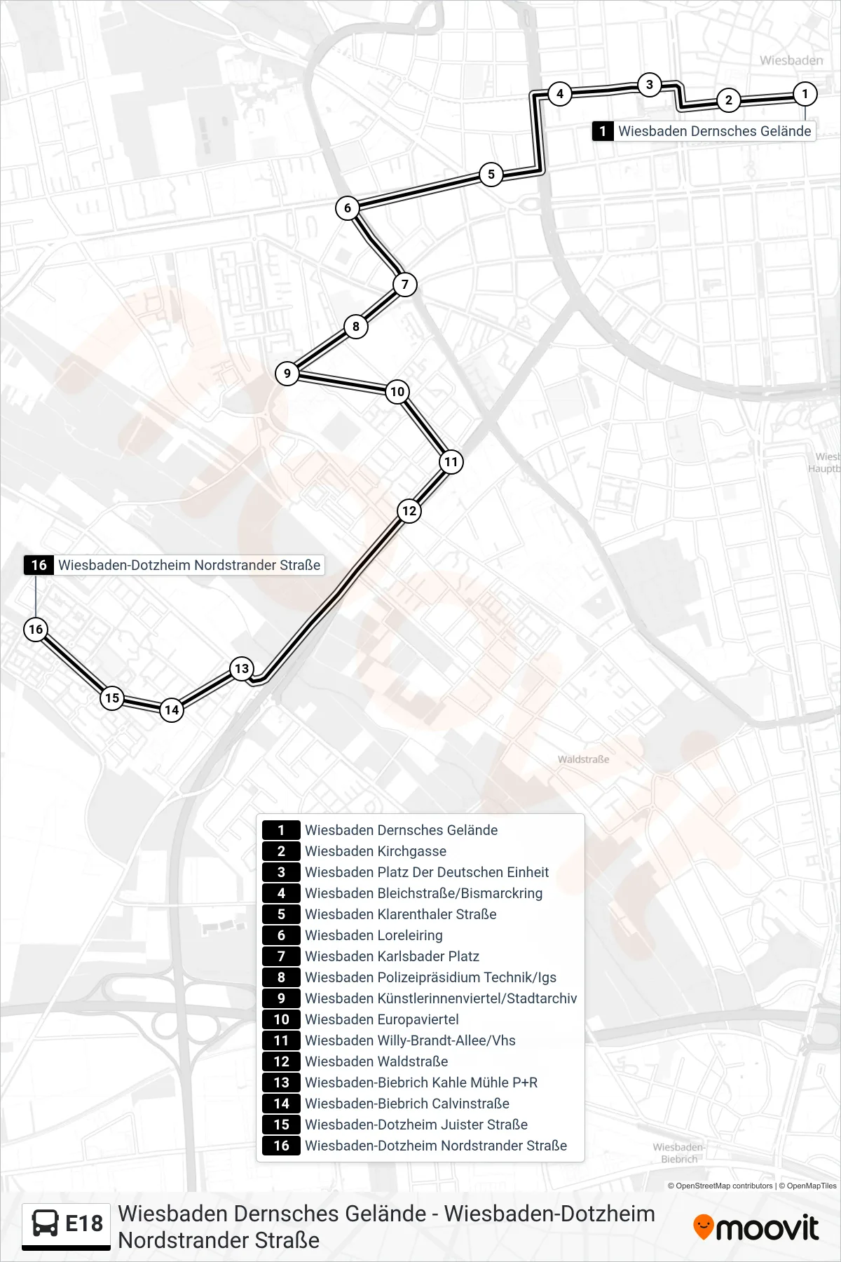 Linie E18 (Bus) Richtung Wiesbaden-Dotzheim Nordstrander Straße: Route und Haltestellen auf der Karte